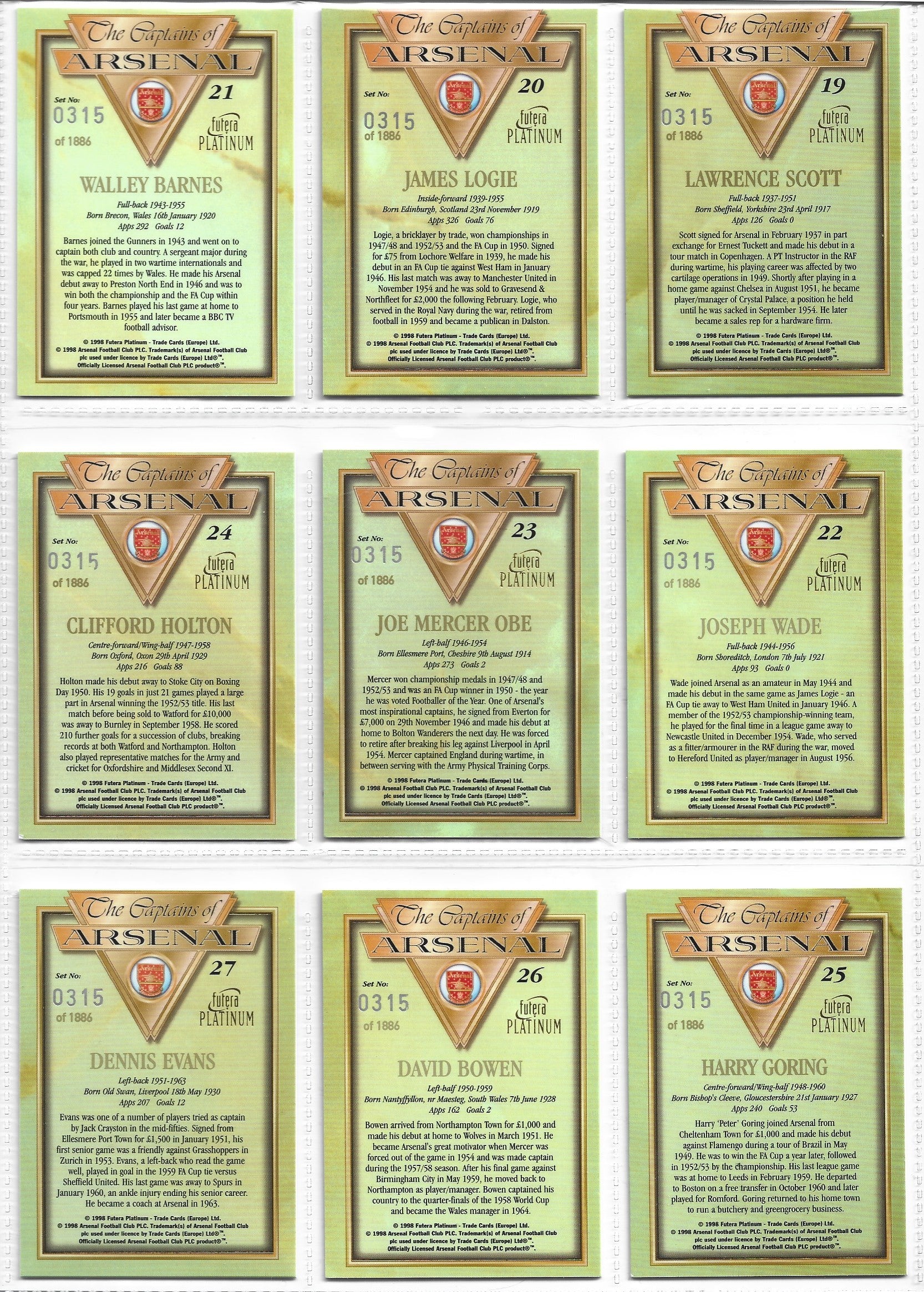 THE CAPTAINS OF ARSENAL - KOMPLETT SETT MED FUTERA PLATINUM 1998