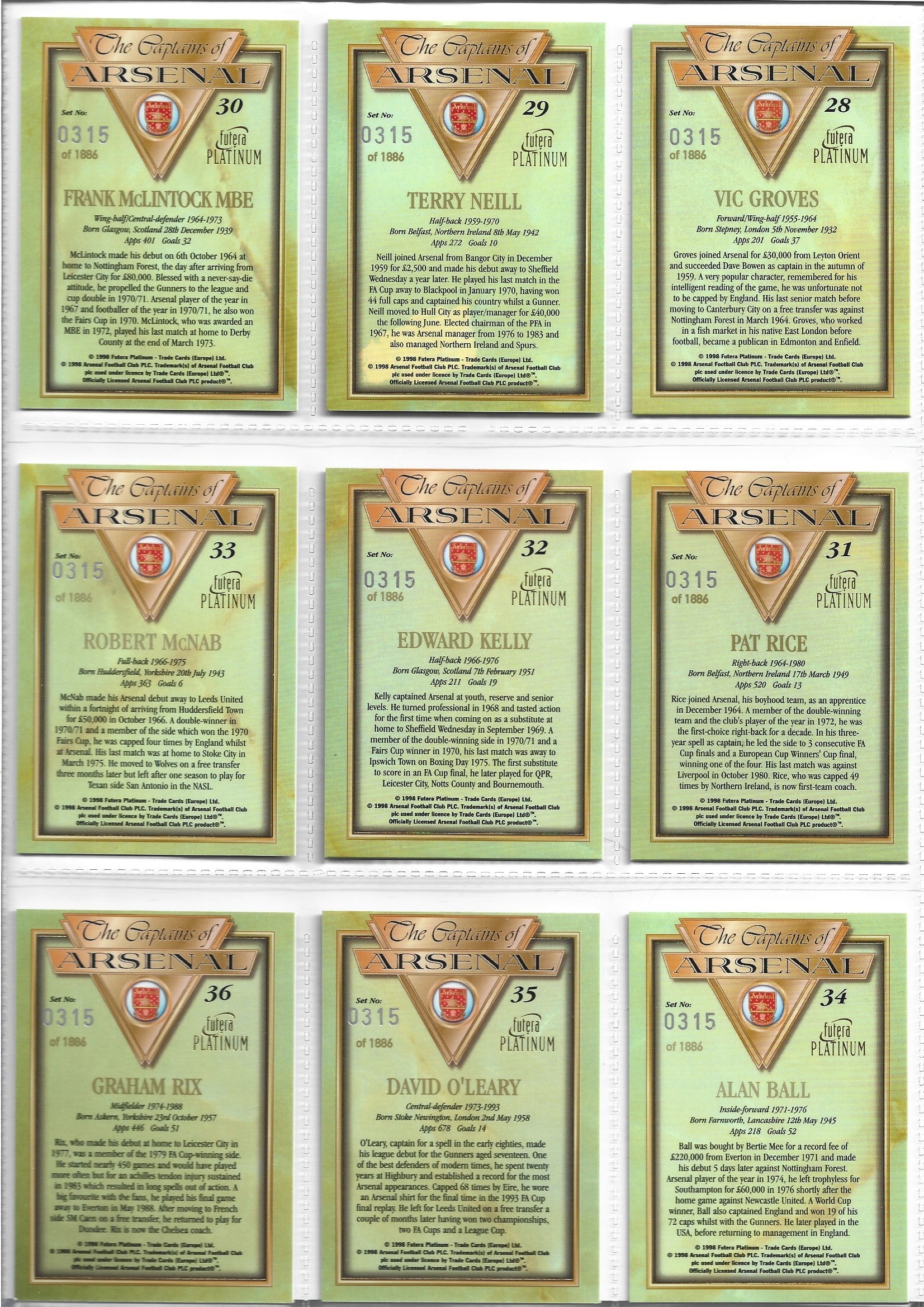 THE CAPTAINS OF ARSENAL - KOMPLETT SETT MED FUTERA PLATINUM 1998
