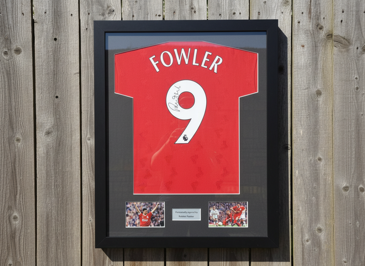 Fowler framed signed shirt with wooden background