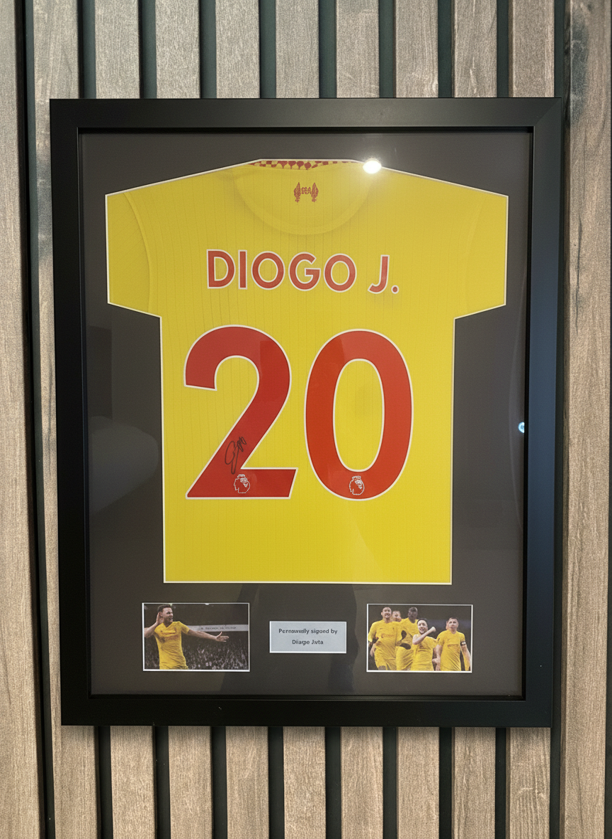 Framed Diogo Jota Shirt on Wooden Background