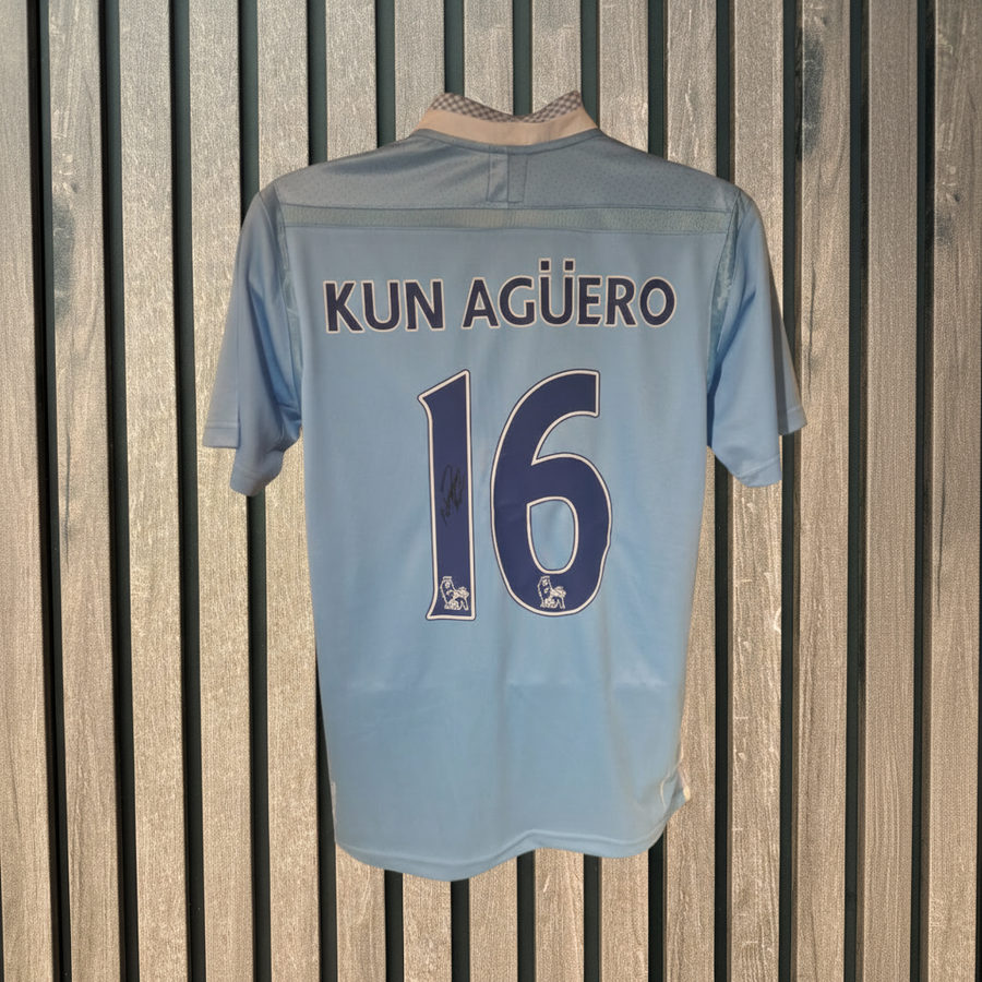 Kun Agüero shirt with wooden background