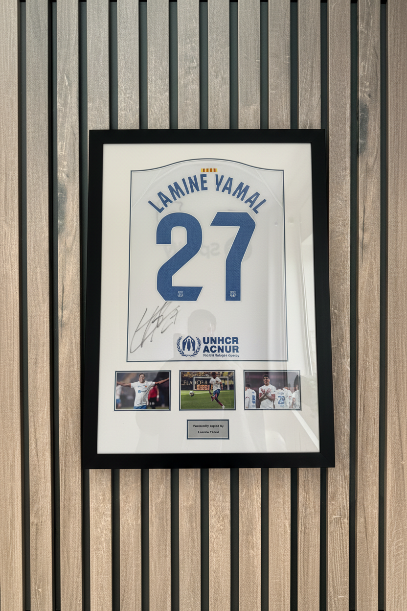 Lamine Yamal Signed Shirt - Straight on Wood Wall