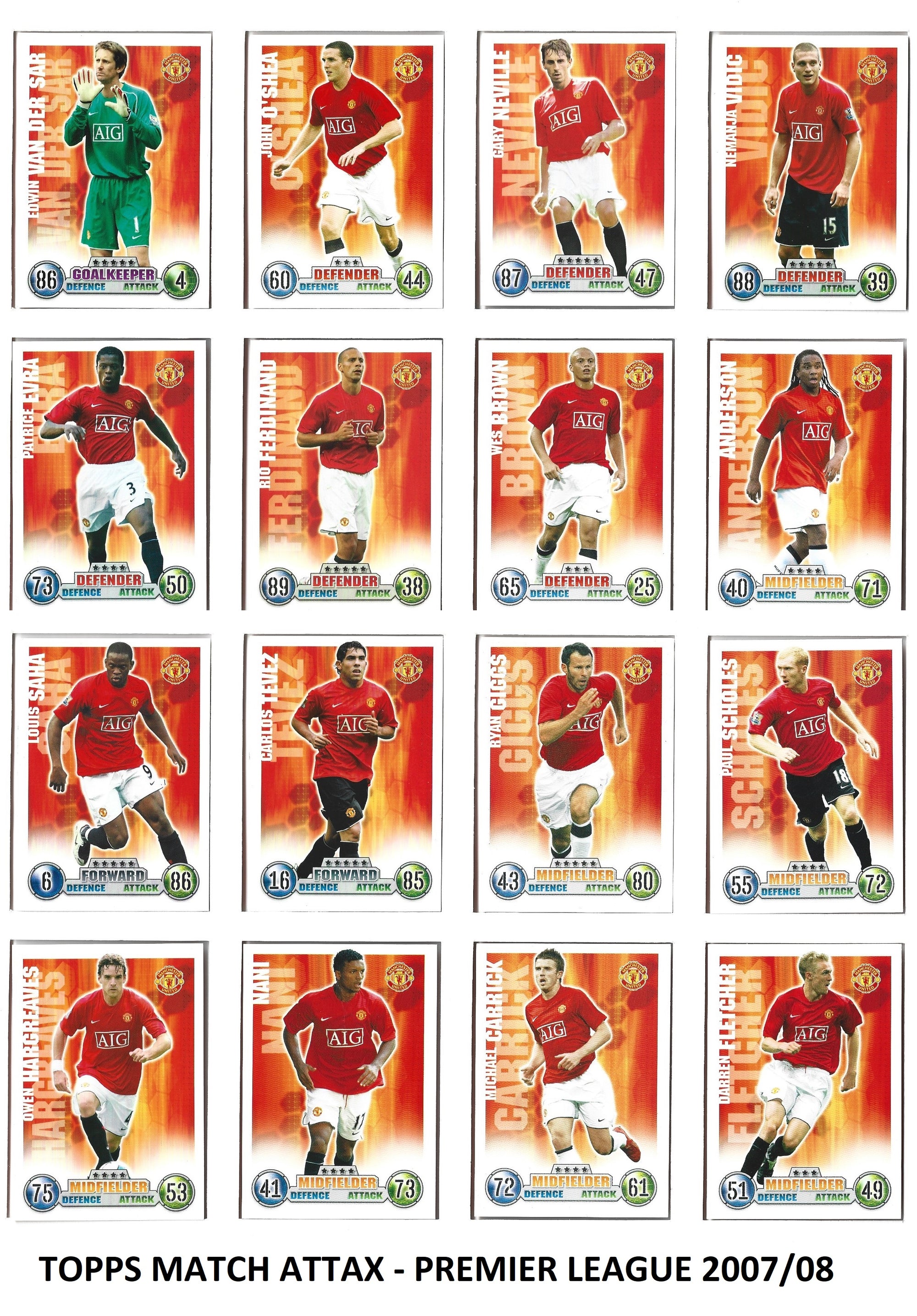 000. MANCHESTER UNITED - KOMPLETT SETT MED FOTBALLKORT FRA 2007/08