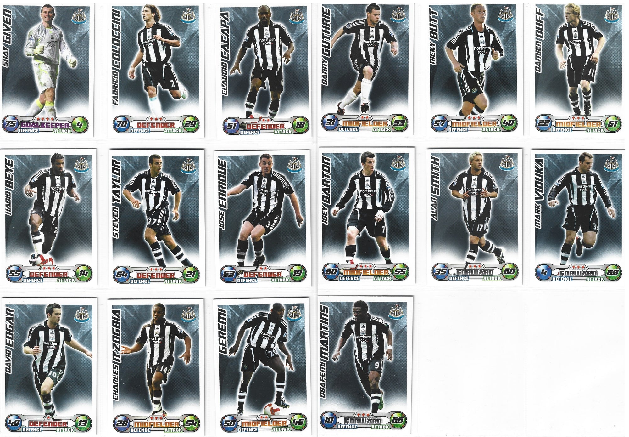 000. NEWCASTLE UNITED - KOMPLETT SETT MED FOTBALLKORT FRA MATCH ATTAX 2008/09