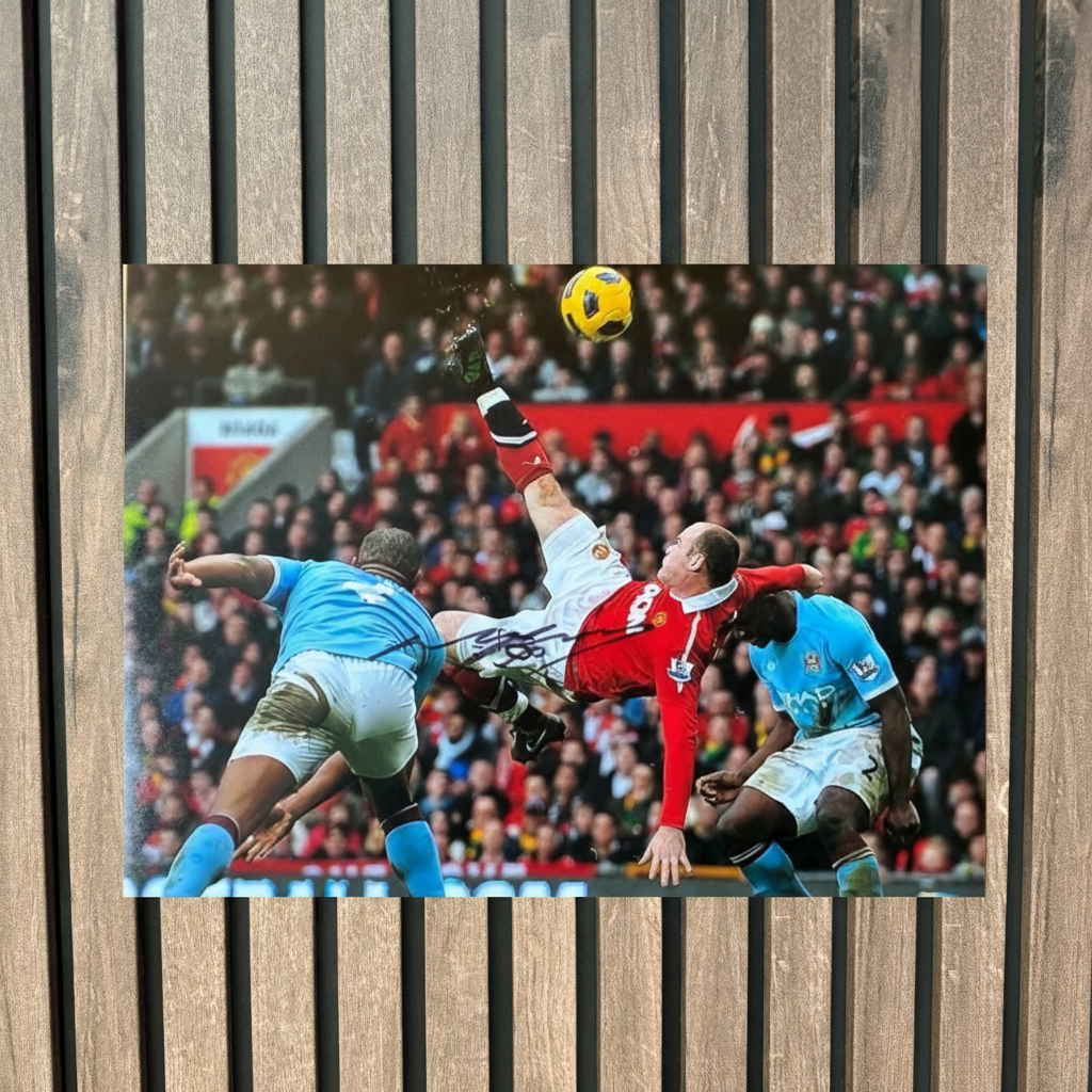 Rooney Overhead Kick Photo on Wood Background