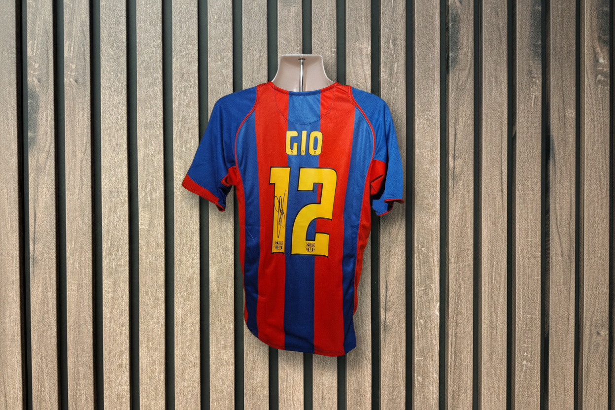 Signed Barcelona shirt with wooden background