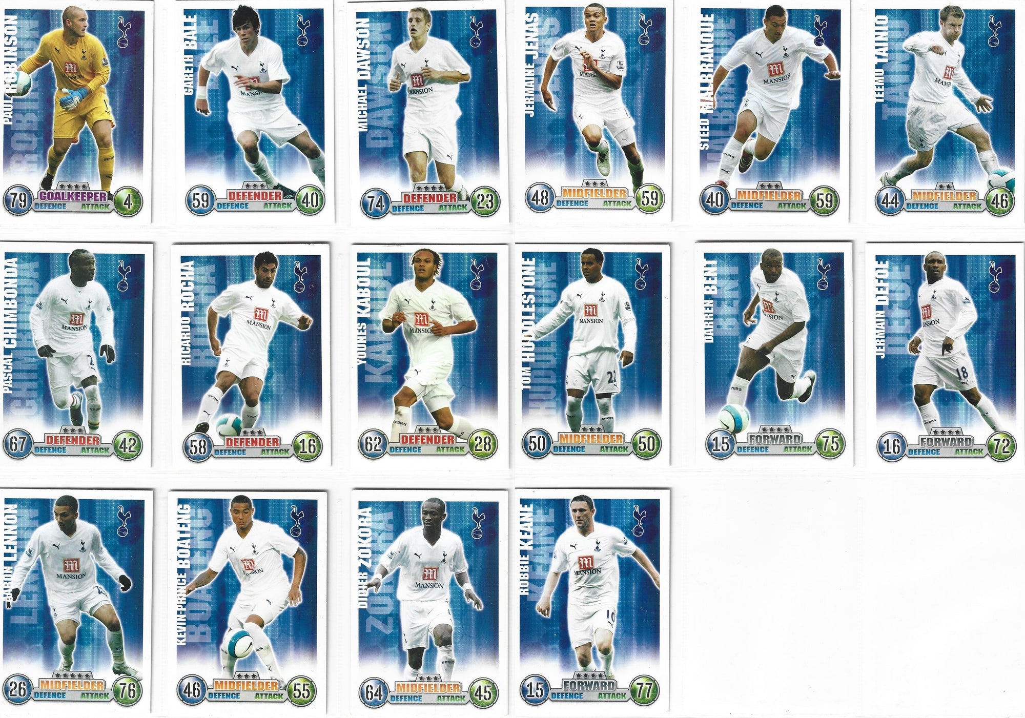 000. TOTTENHAM HOTSPUR - KOMPLETT SETT MED FOTBALLKORT TOPPS MATCH ATTAX PREMIER LEAGUE 2007/08