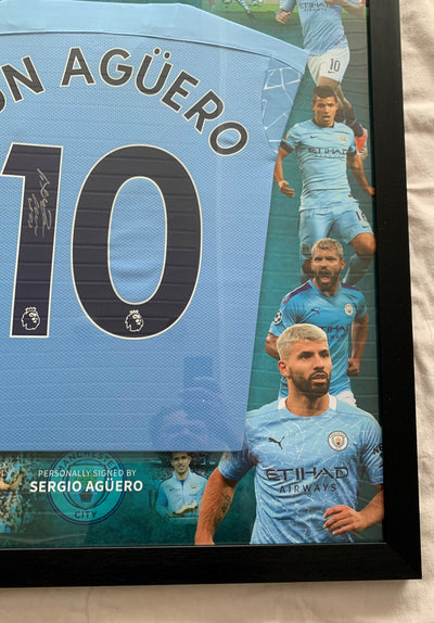 SERGIO AGUERO - FERDIG INNRAMMET OG SIGNERT DRAKT "ART-FRAME" MED EKTEHETSBEVIS/COA