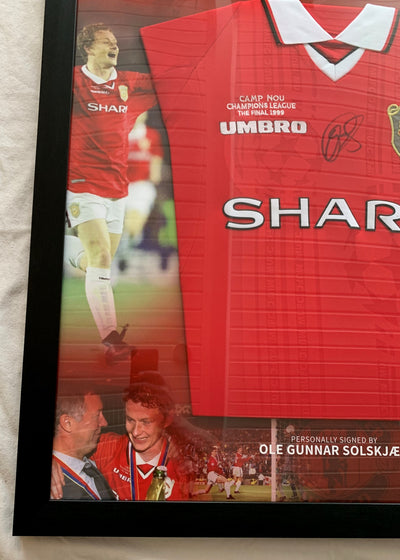 OLE GUNNAR SOLSKJÆR - SIGNERT CHAMPIONS LEAGUE FINALEDRAKT 1999 I "ART-FRAME" MED EKTEHETSBEVIS/COA