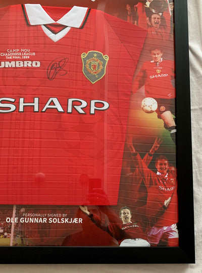 OLE GUNNAR SOLSKJÆR - SIGNERT CHAMPIONS LEAGUE FINALEDRAKT 1999 I "ART-FRAME" MED EKTEHETSBEVIS/COA