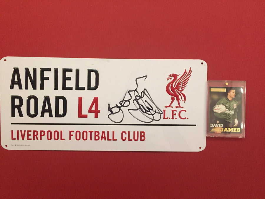 LIVERPOOL - DAVID JAMES - SIGNERT ANFIELD  ROAD SKILT MED EKTEHETSBEVIS/COA