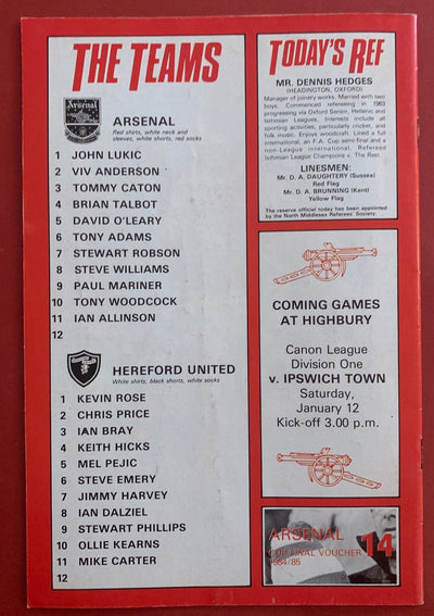 1985-8.1 - ARSENAL VS HEREFORD UNITED