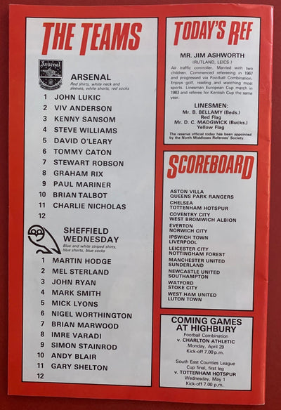 1985-27.4 - ARSENAL VS SHEFFIELD WEDNESDAY