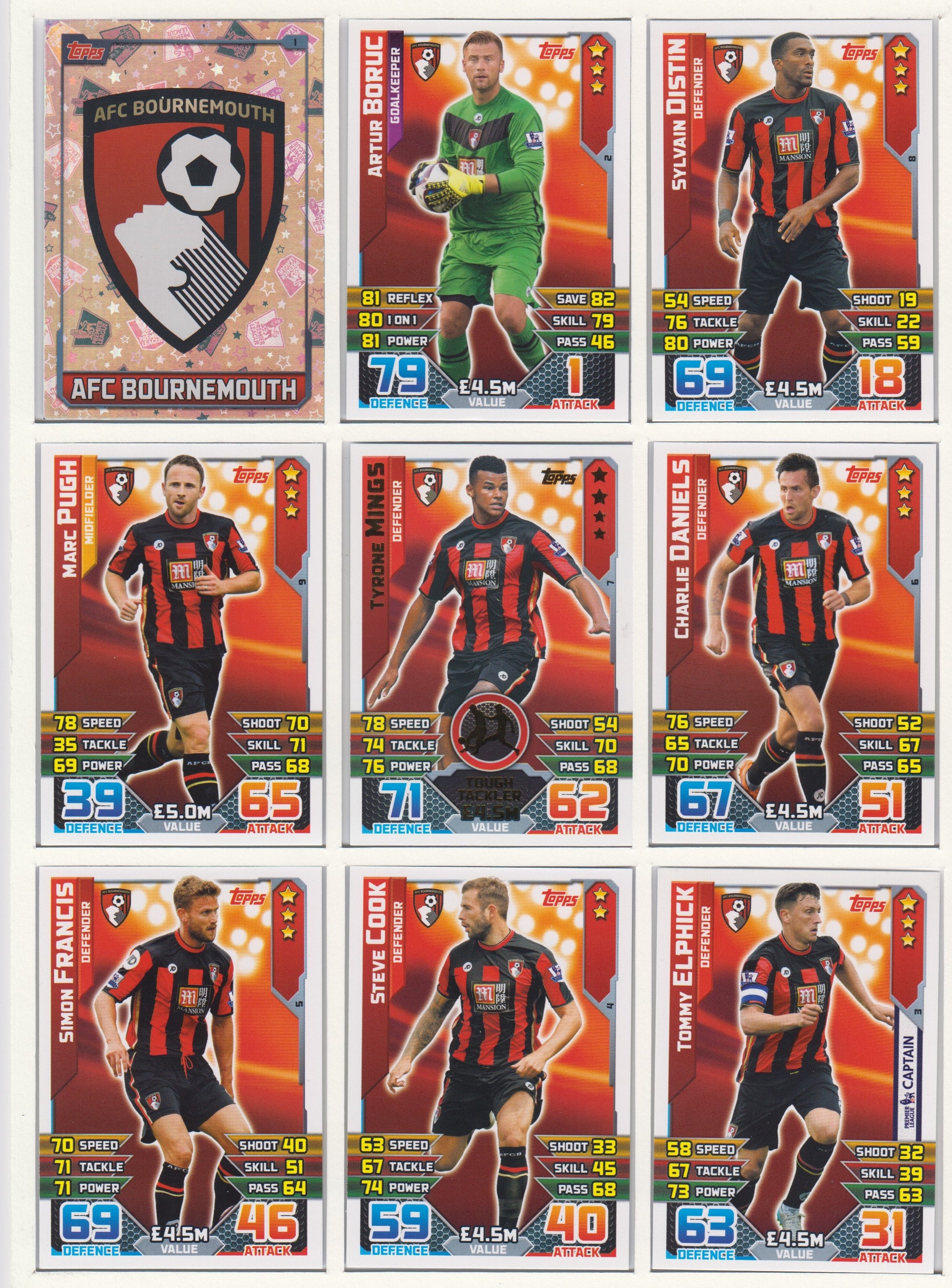 000. AFC BOURNEMOUTH - KOMPLETT SETT MED TOPPS MATCH ATTAX PREMIER LEAGUE 2015/16