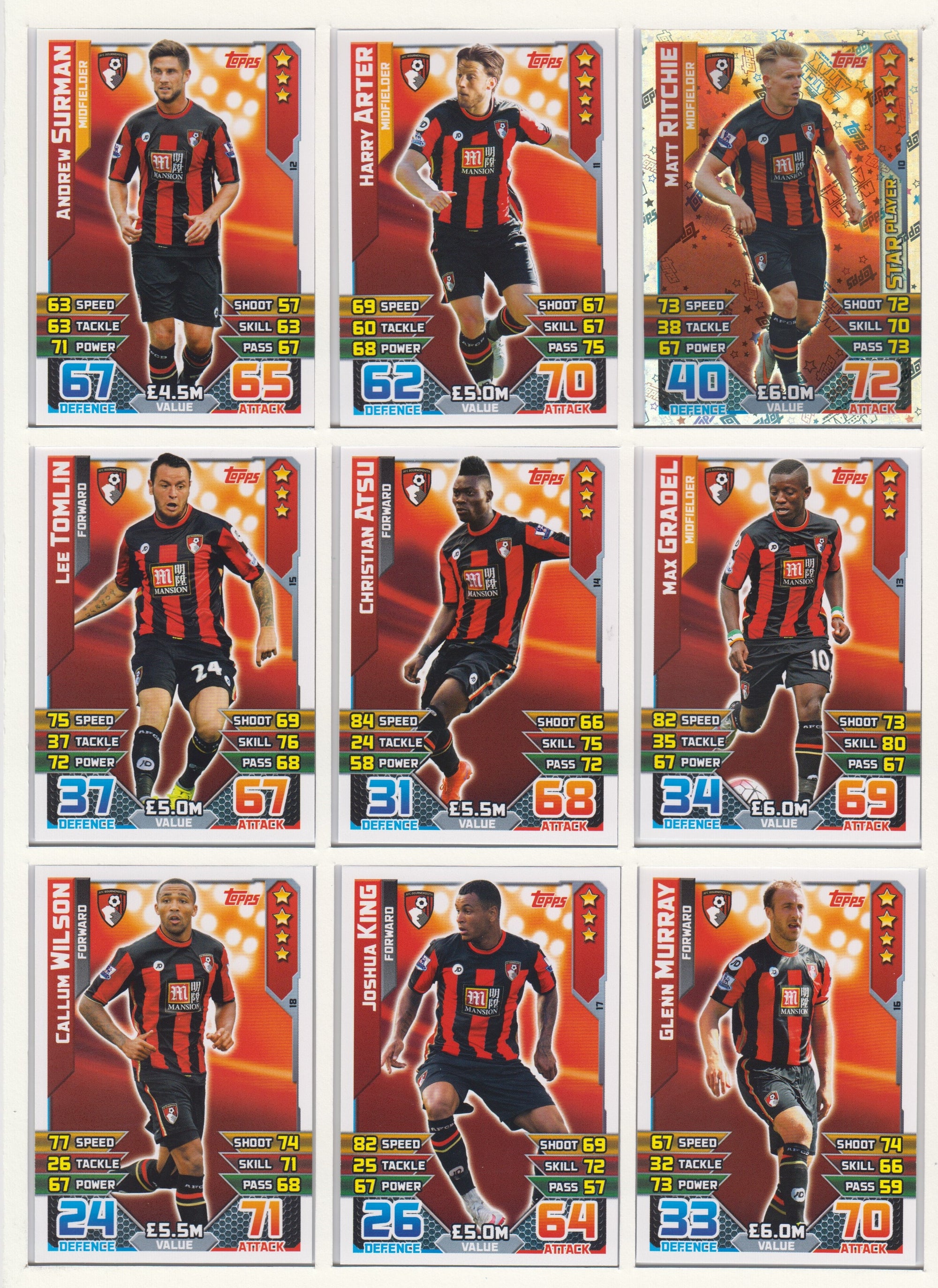 000. AFC BOURNEMOUTH - KOMPLETT SETT MED TOPPS MATCH ATTAX PREMIER LEAGUE 2015/16