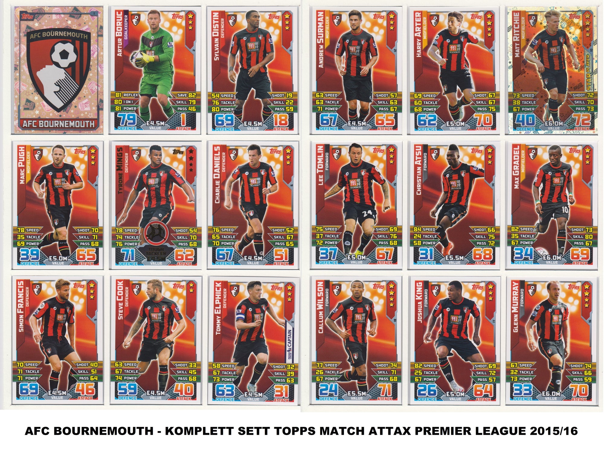 000. AFC BOURNEMOUTH - KOMPLETT SETT MED TOPPS MATCH ATTAX PREMIER LEAGUE 2015/16