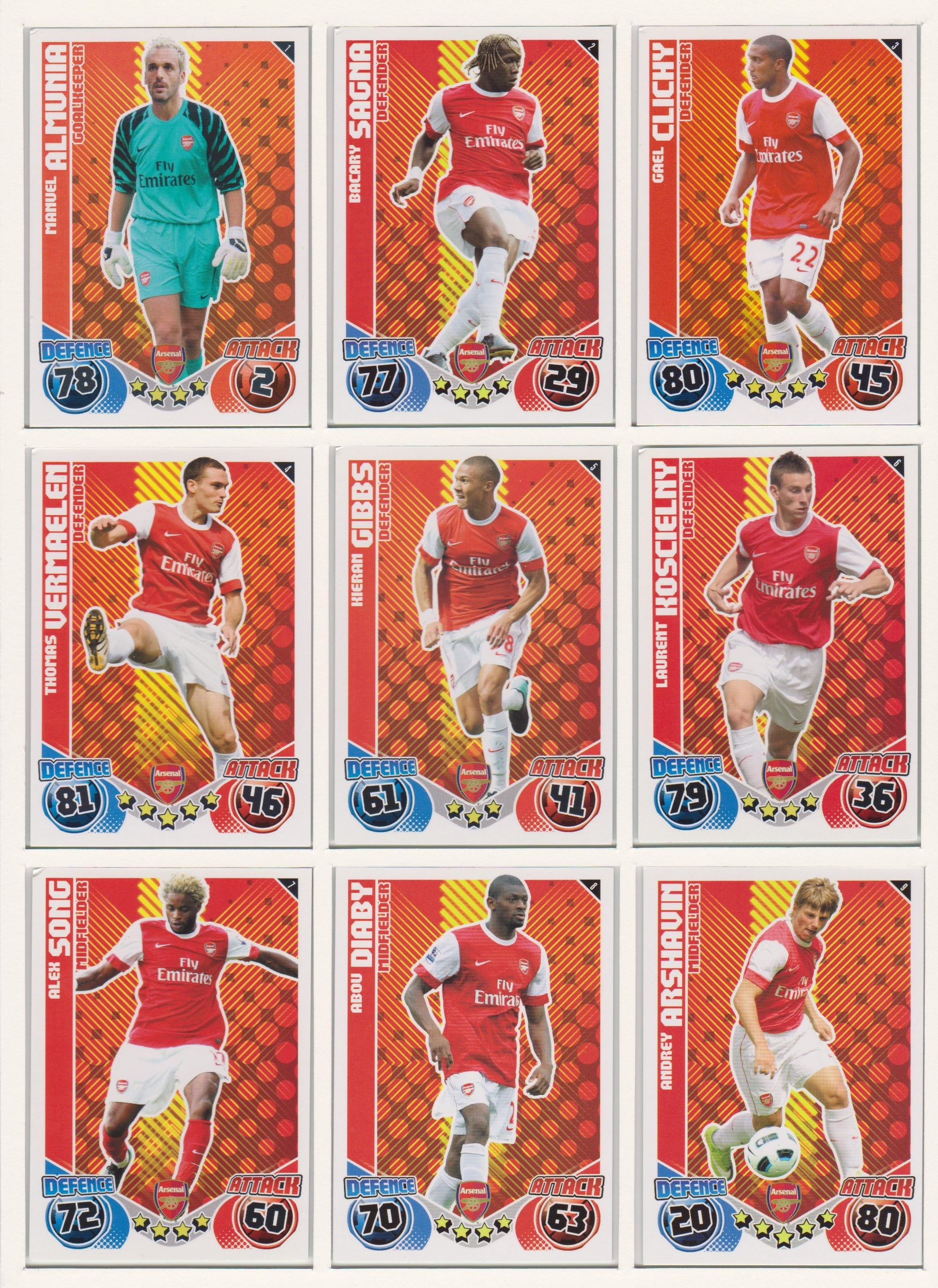 000. ARSENAL - KOMPLETT SETT MED TOPPS MATCH ATTAX PREMIER LEAGUE 2010/11