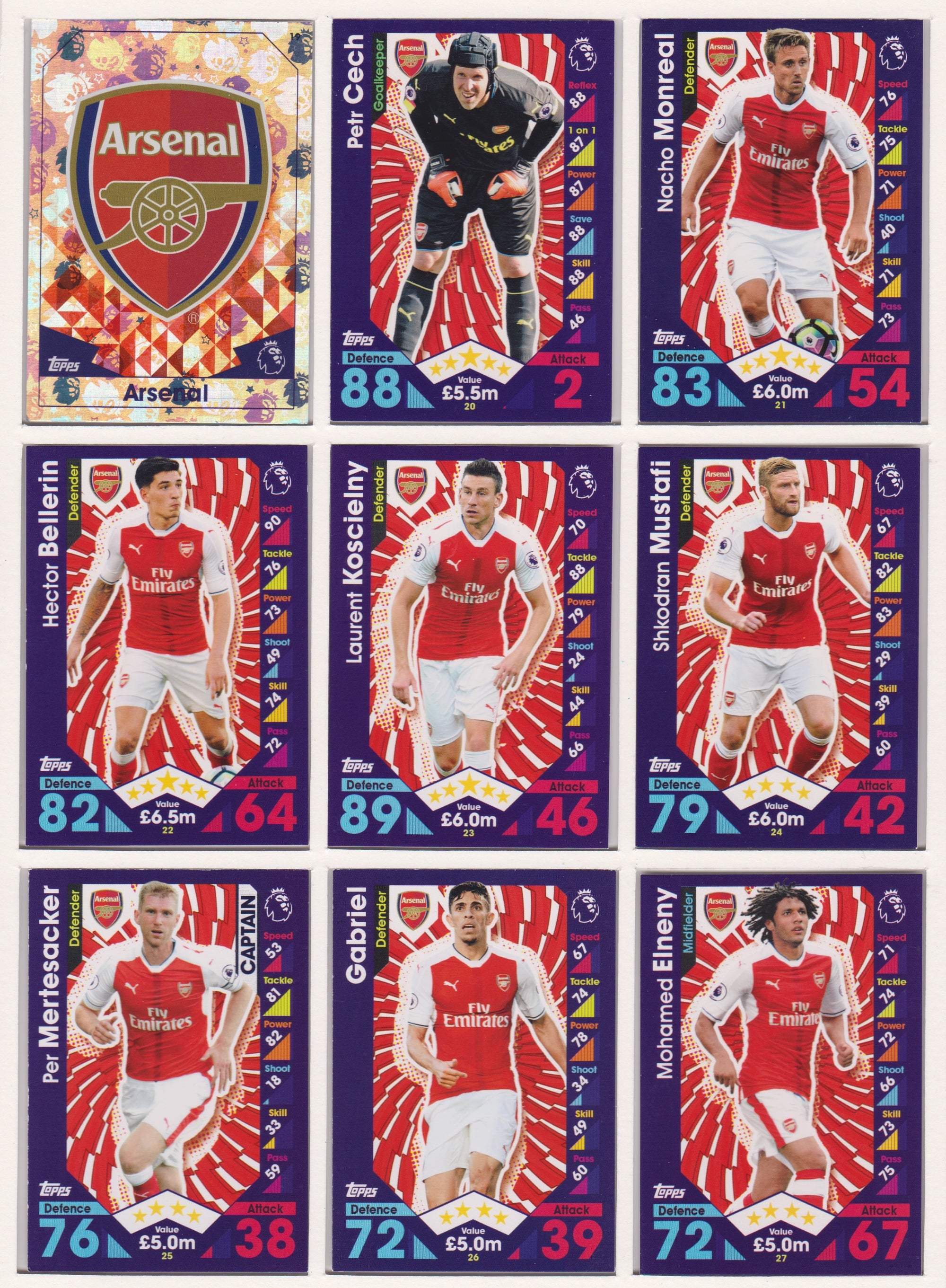 000. ARSENAL - KOMPLETT SETT MED TOPPS MATCH ATTAX PREMIER LEAGUE 2016/17