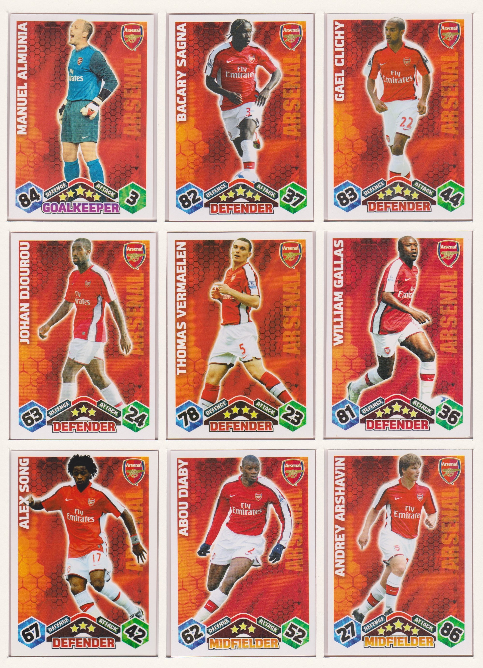 000. ARSENAL - KOMPLETT SETT MED TOPPS MATCH ATTAX PREMIER LEAGUE 2009/10