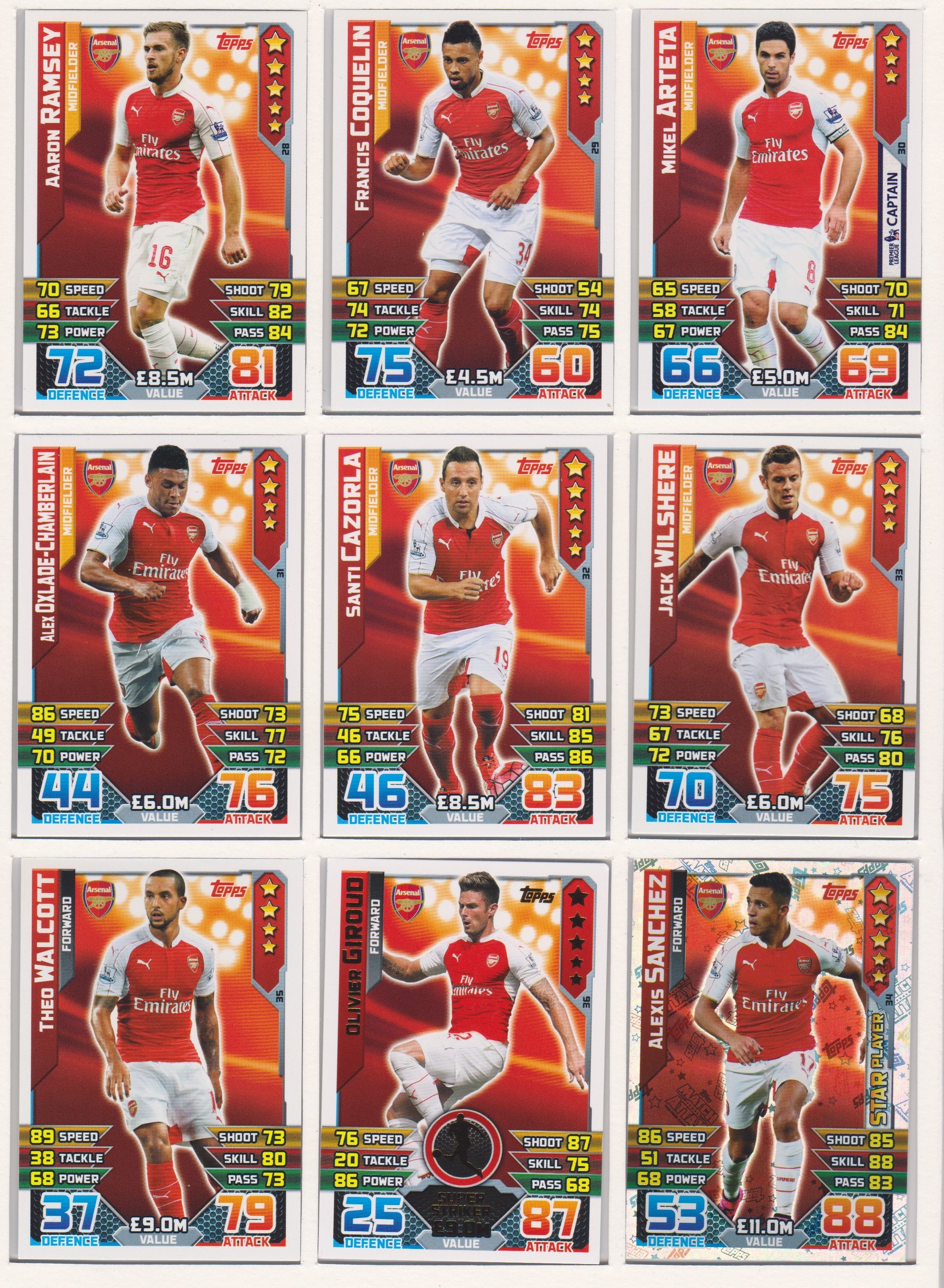 000. ARSENAL - KOMPLETT SETT MED TOPPS MATCH ATTAX PREMIER LEAGUE 2015/16