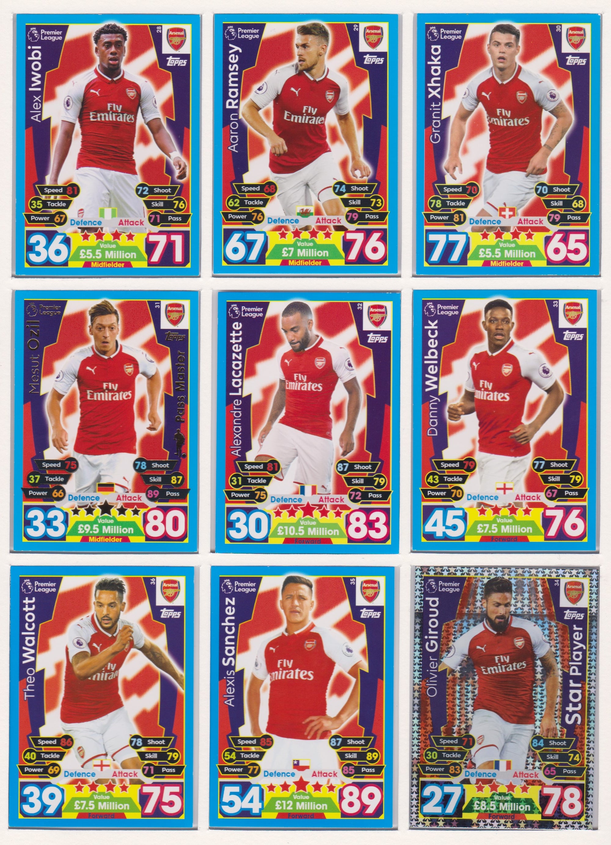 000. ARSENAL - KOMPLETT SETT MED TOPPS MATCH ATTAX PREMIER LEAGUE 2017/18