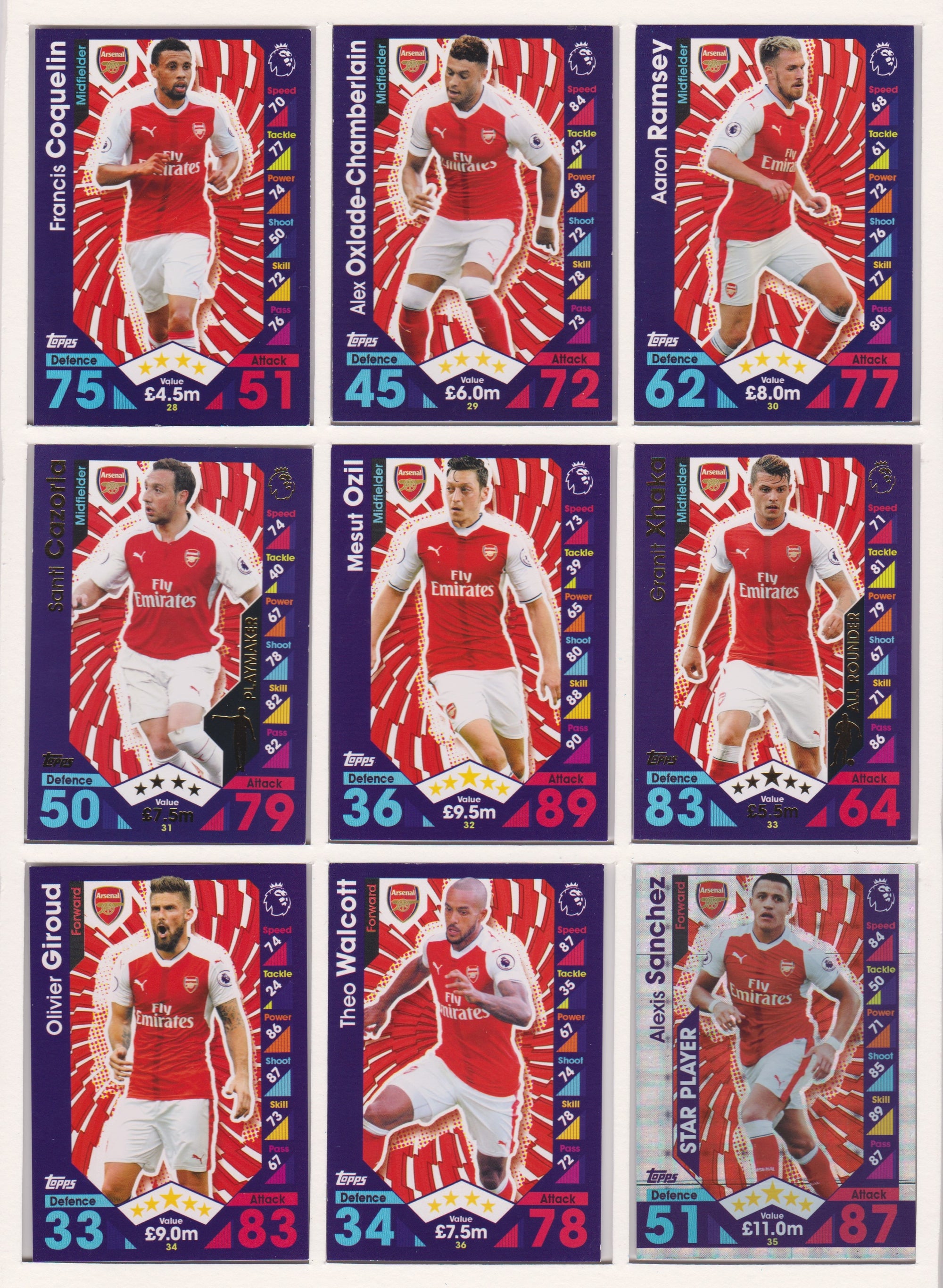 000. ARSENAL - KOMPLETT SETT MED TOPPS MATCH ATTAX PREMIER LEAGUE 2016/17