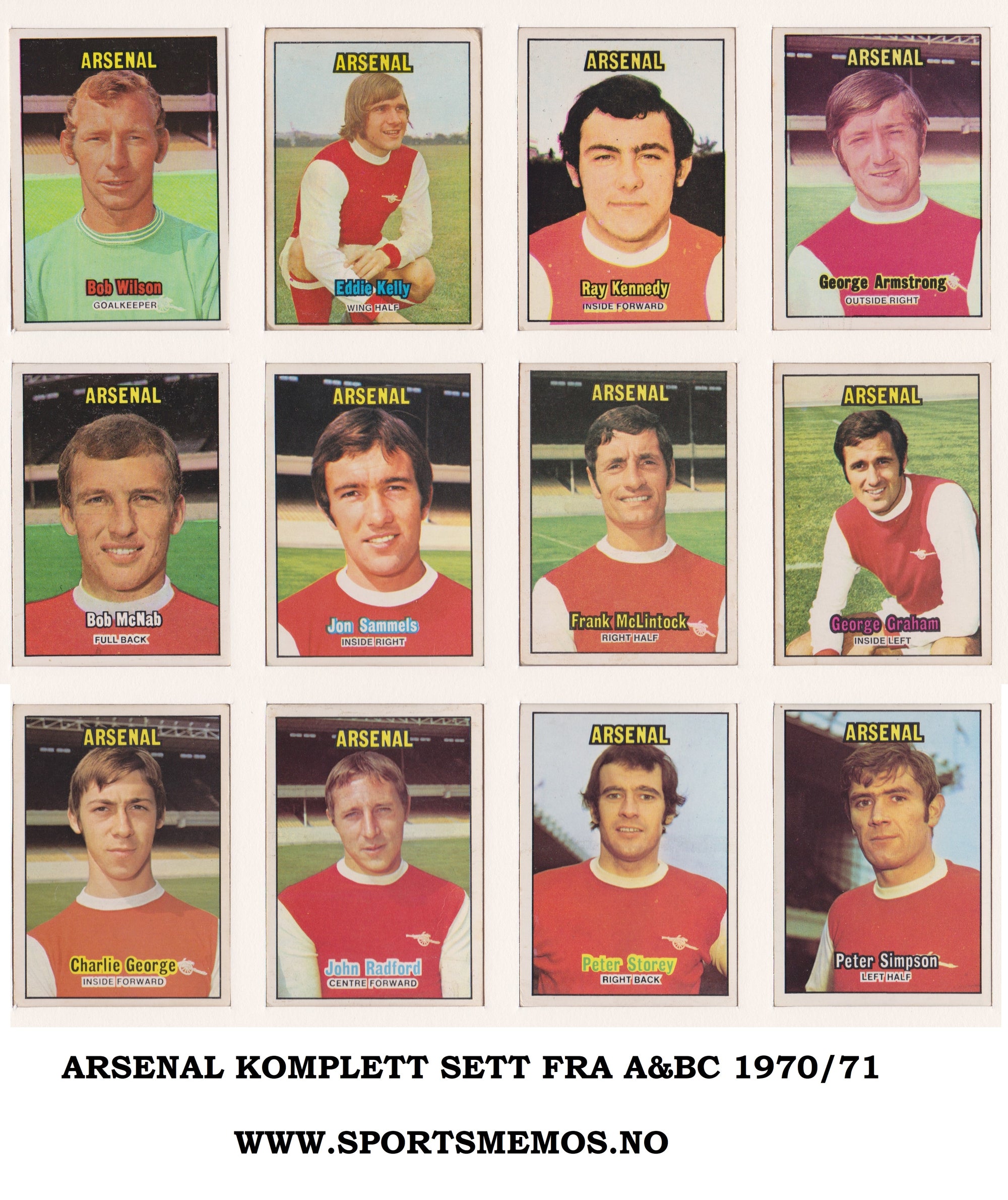 000. ARSENAL - KOMPLETT SETT MED FOTBALLKORT FRA A&BC 1970/71