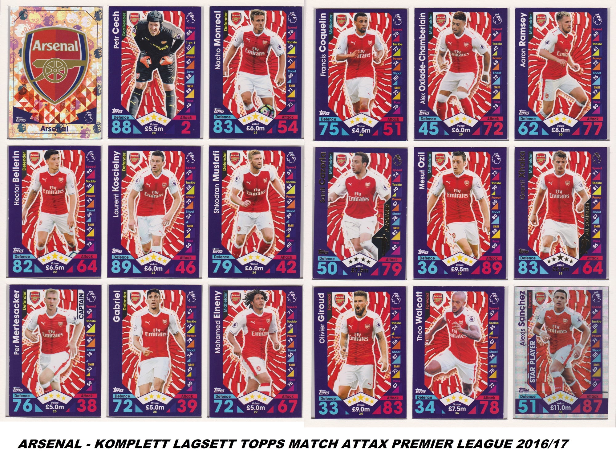 000. ARSENAL - KOMPLETT SETT MED TOPPS MATCH ATTAX PREMIER LEAGUE 2016/17