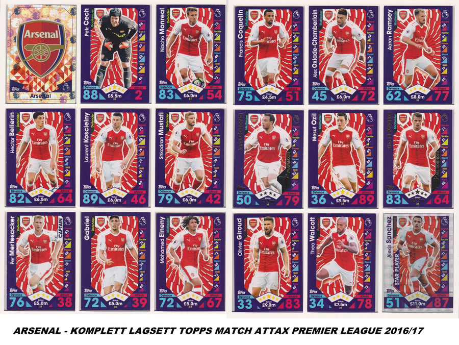 000. ARSENAL - KOMPLETT SETT MED TOPPS MATCH ATTAX PREMIER LEAGUE 2016/17