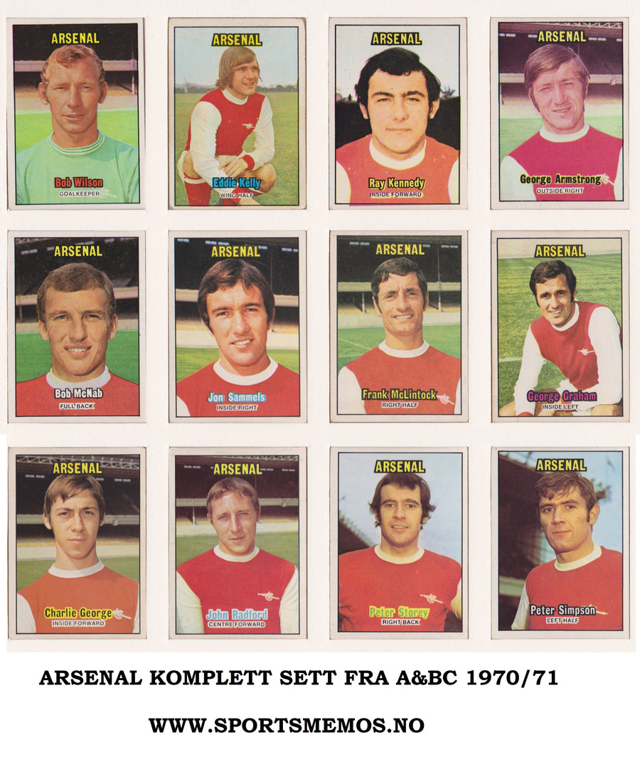 000. ARSENAL - KOMPLETT SETT MED FOTBALLKORT FRA A&BC 1970/71