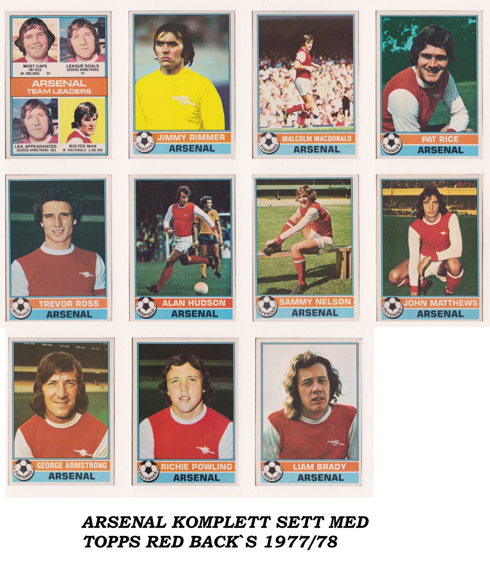 000. ARSENAL - KOMPLETT SETT MED FOTBALLKORT FRA TOPPS 1977/78