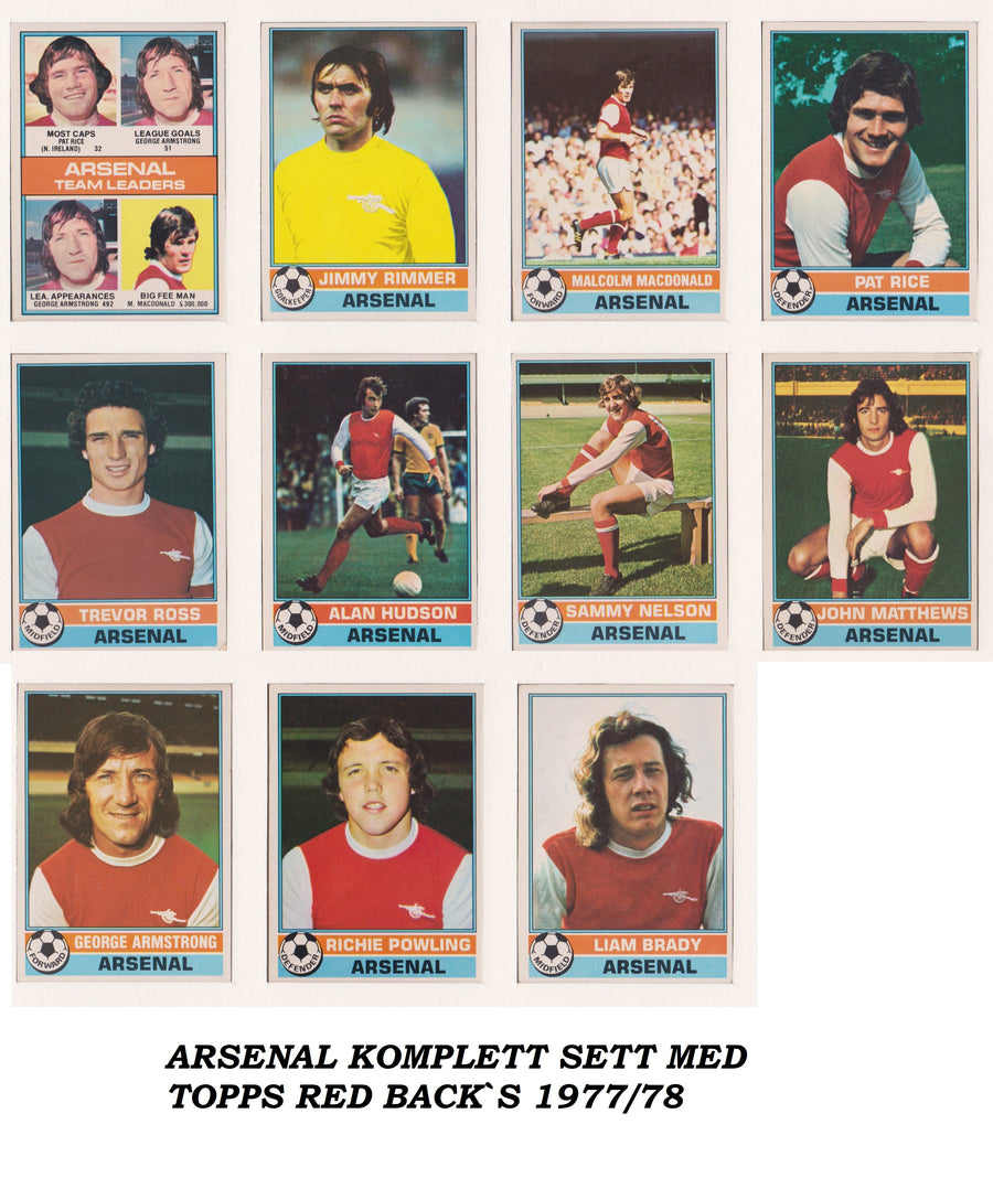 000. ARSENAL - KOMPLETT SETT MED FOTBALLKORT FRA TOPPS 1977/78