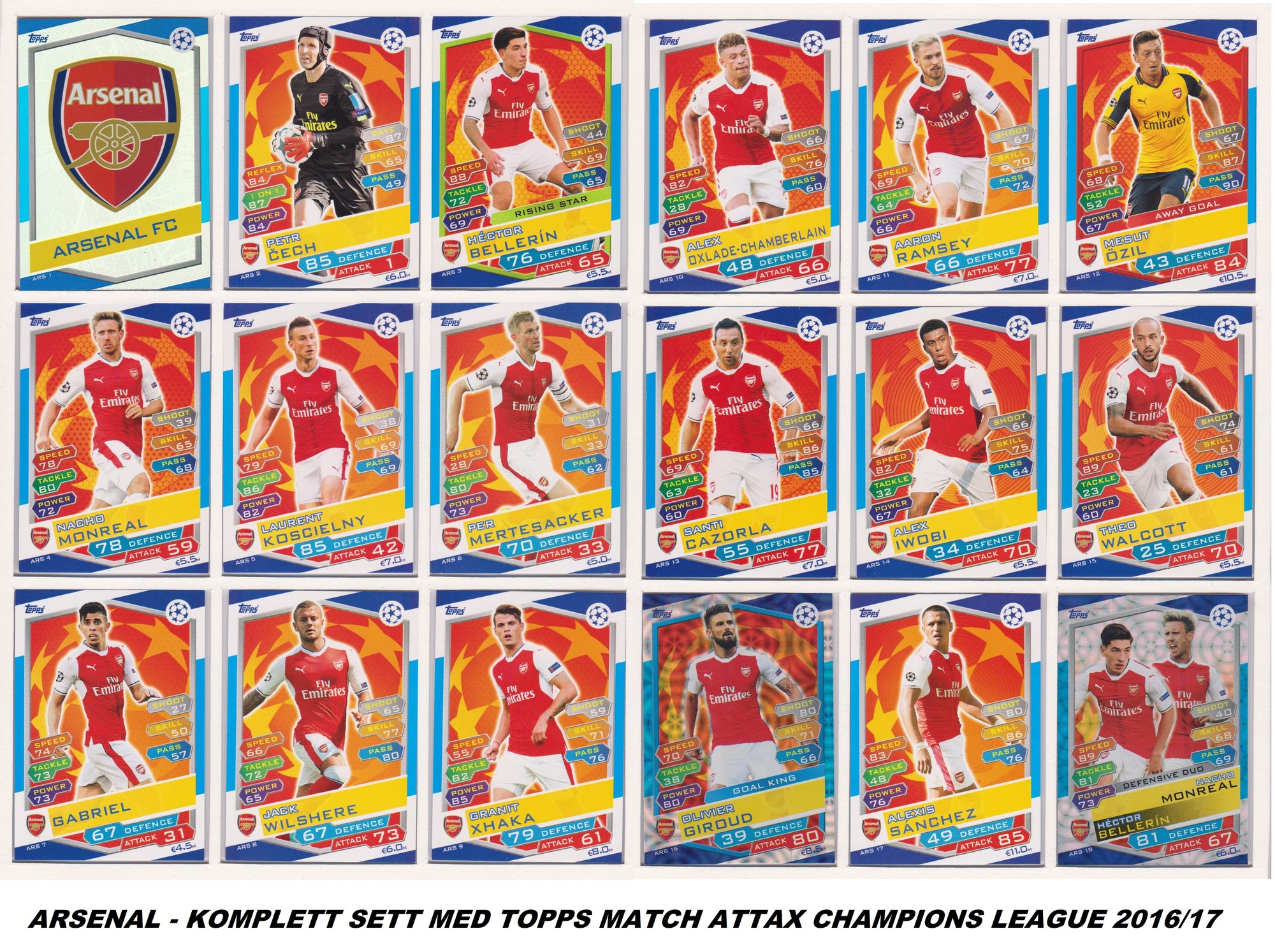 000. ARSENAL - KOMPLETT SETT MED TOPPS MATCH ATTAX CHAMPIONS LEAGUE 2016/17