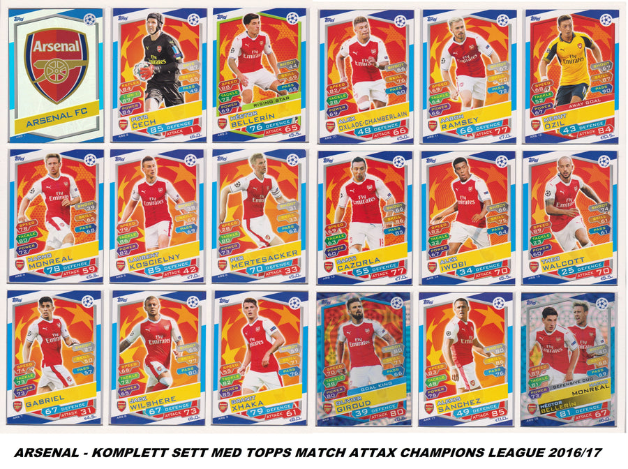 000. ARSENAL - KOMPLETT SETT MED TOPPS MATCH ATTAX CHAMPIONS LEAGUE 2016/17