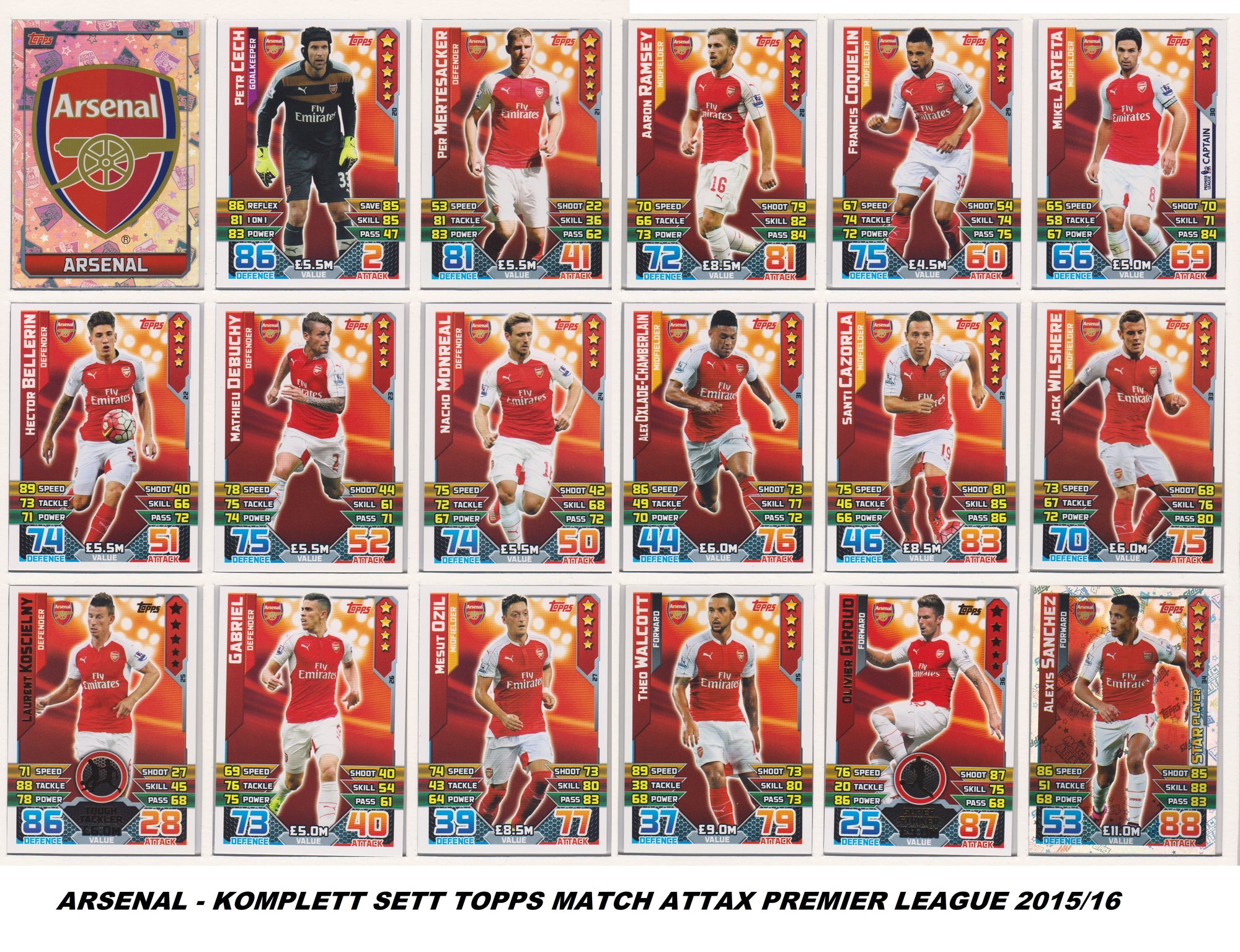 000. ARSENAL - KOMPLETT SETT MED TOPPS MATCH ATTAX PREMIER LEAGUE 2015/16