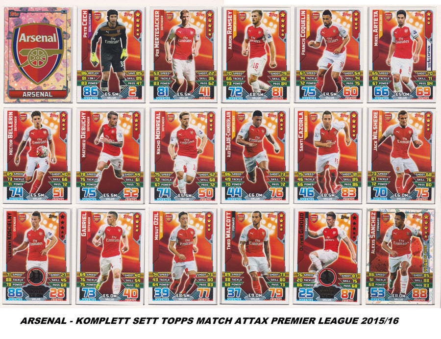 000. ARSENAL - KOMPLETT SETT MED TOPPS MATCH ATTAX PREMIER LEAGUE 2015/16