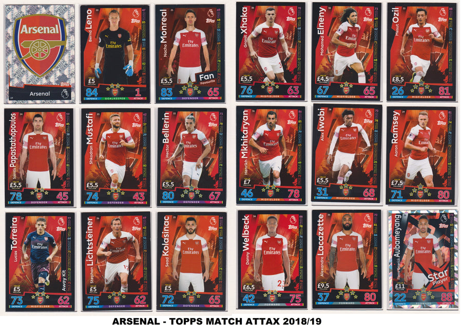 000. ARSENAL - KOMPLETT SETT TOPPS MATCH ATTAX PREMIER LEAGUE 2018/19