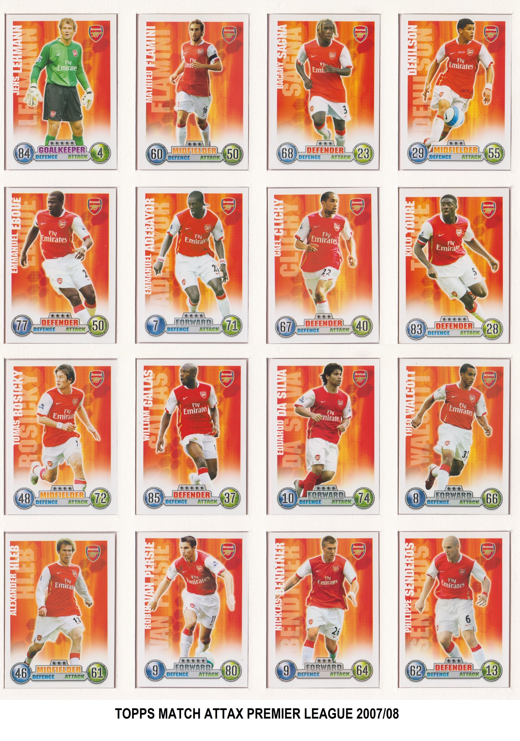 000. ARSENAL - KOMPLETT SETT MED FOTBALLKORT TOPPS MATCH ATTAX PREMIER LEAGUE 2007/08