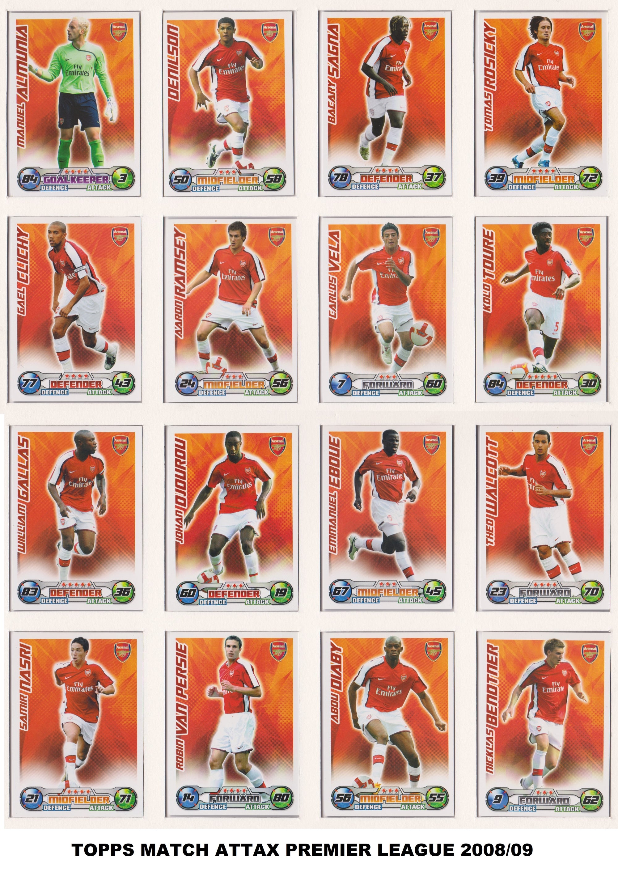 000. ARSENAL - KOMPLETT SETT MED FOTBALLKORT FRA MATCH ATTAX 2008/09
