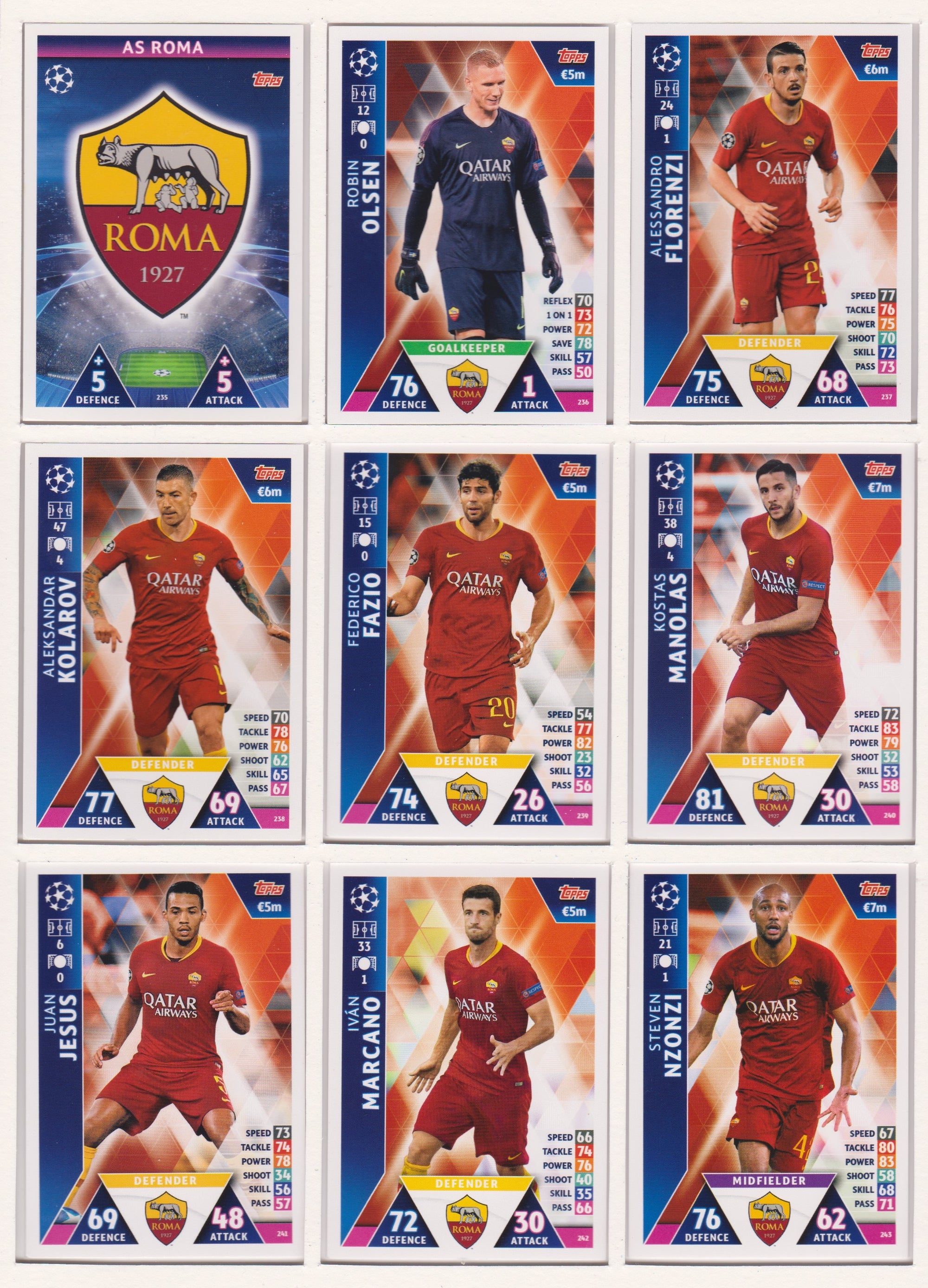 000. AS ROMA- KOMPLETT SETT MED TOPPS MATCH ATTAX CHAMPIONS LEAGUE 2018/19