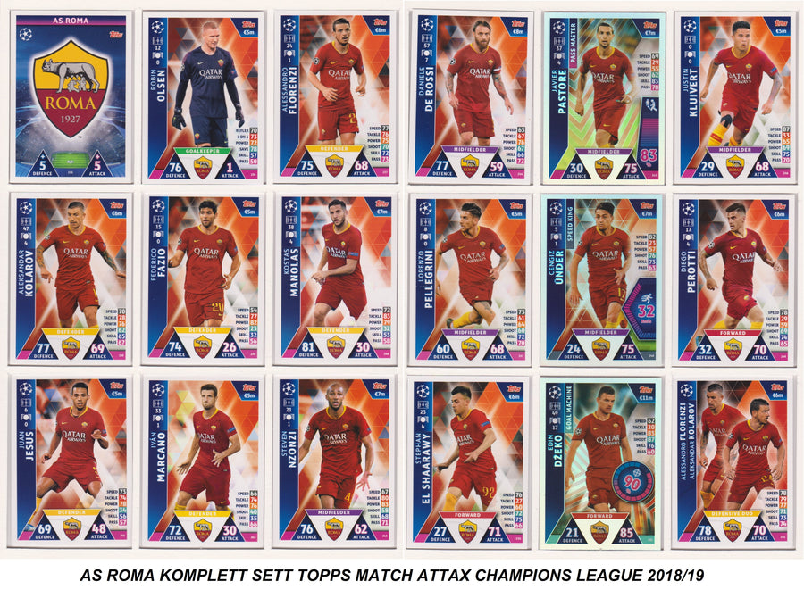 000. AS ROMA- KOMPLETT SETT MED TOPPS MATCH ATTAX CHAMPIONS LEAGUE 2018/19