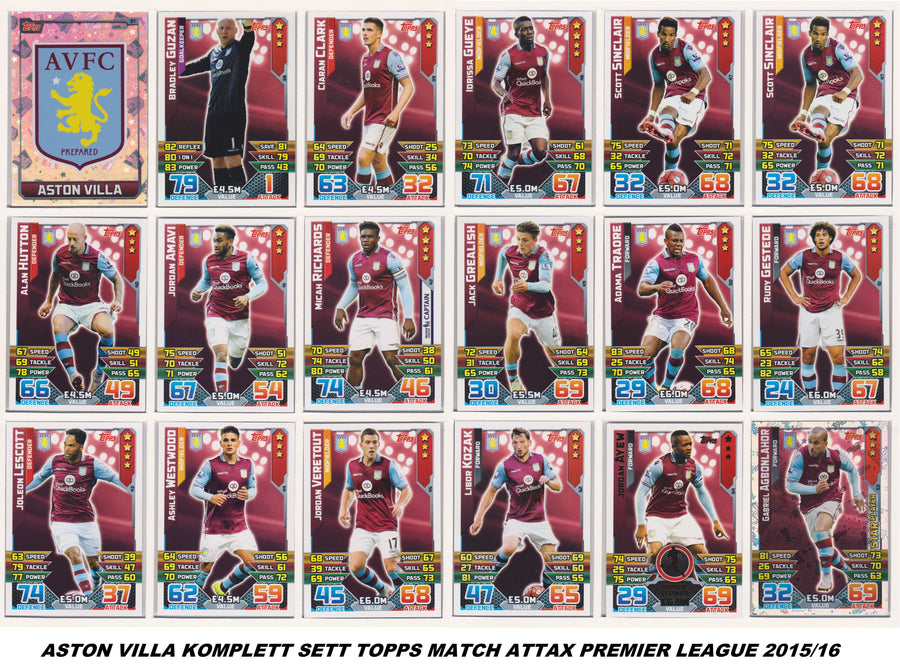 000. ASTON VILLA - KOMPLETT SETT MED TOPPS MATCH ATTAX PREMIER LEAGUE 2015/16