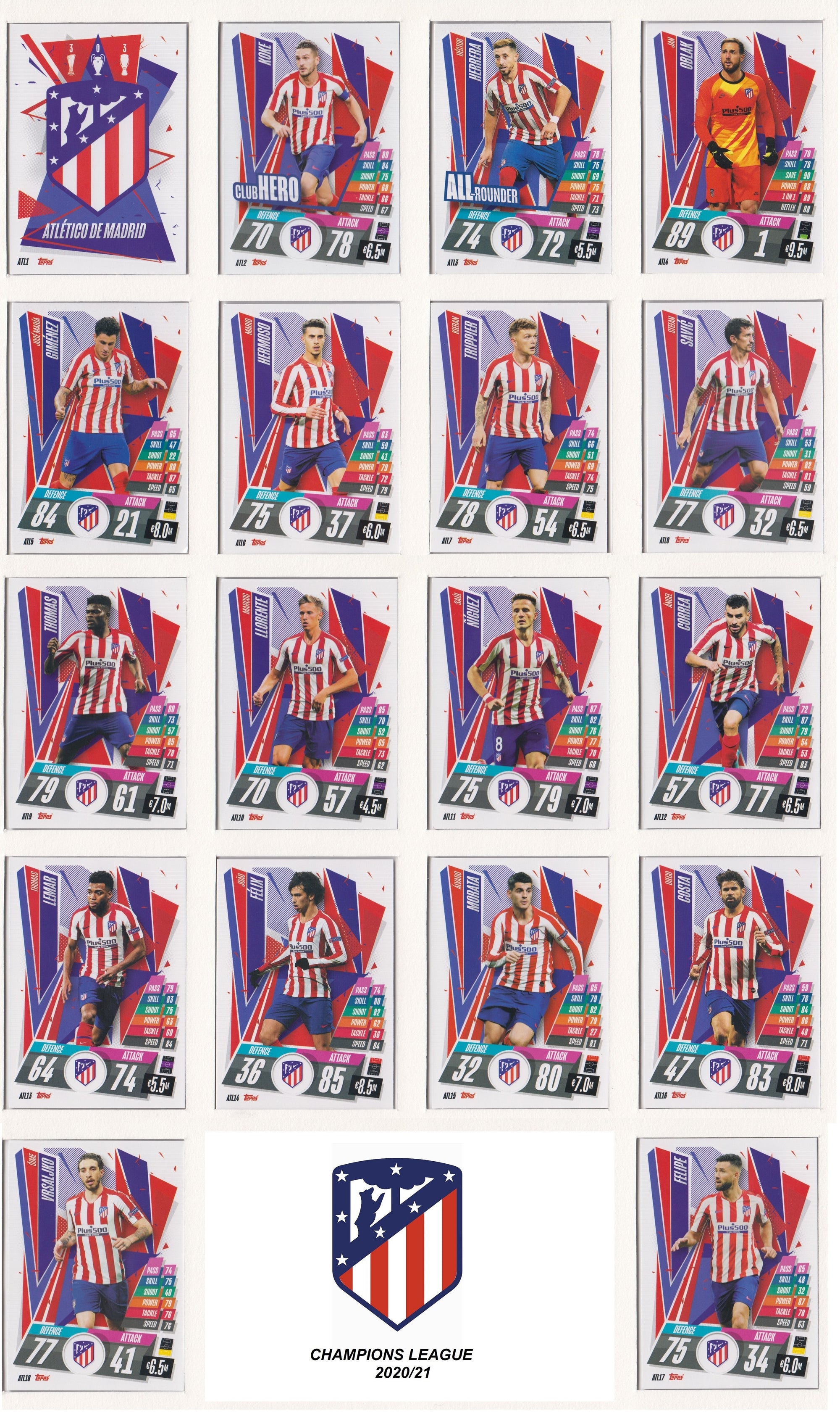 ATLETICO MADRID KOMPLETT SETT MED TOPPS CHAMPIONS LEAGUE 2020/21
