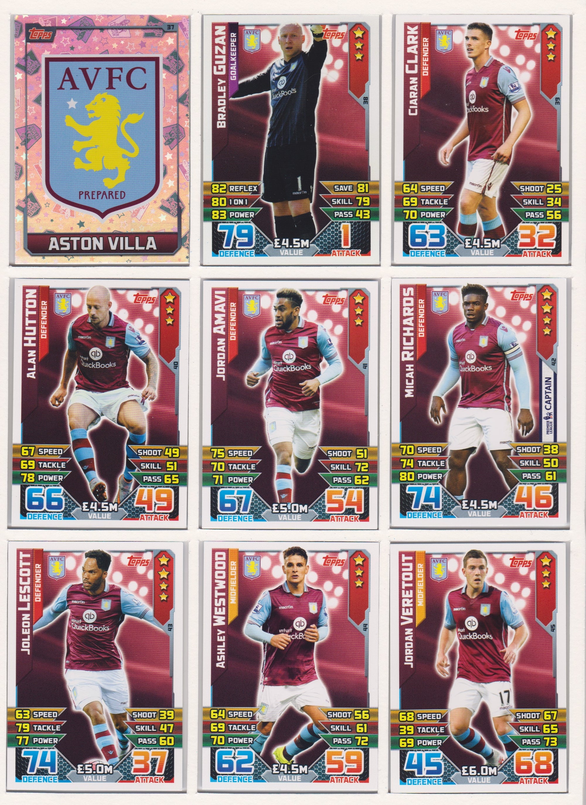 000. ASTON VILLA - KOMPLETT SETT MED TOPPS MATCH ATTAX PREMIER LEAGUE 2015/16