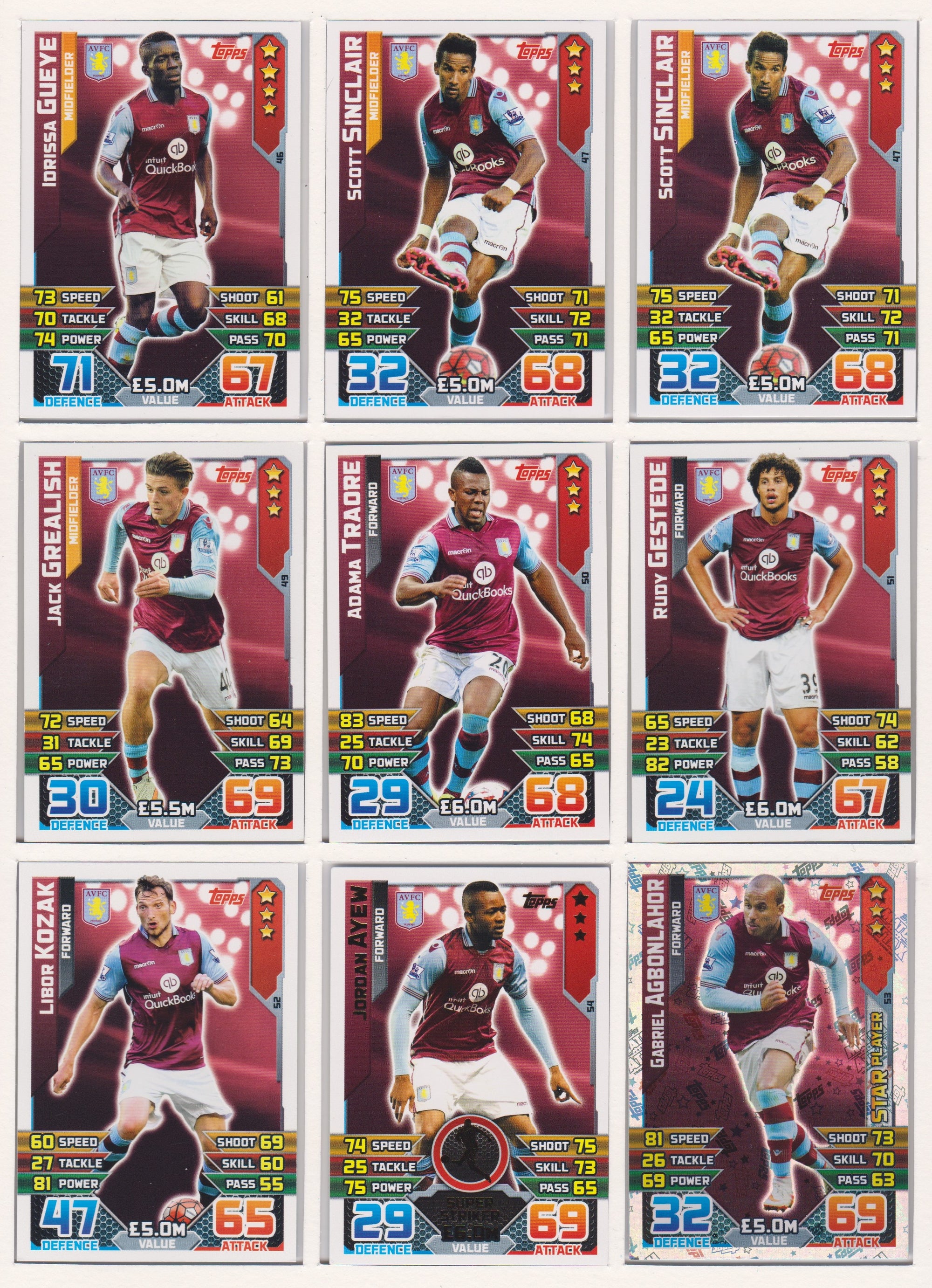000. ASTON VILLA - KOMPLETT SETT MED TOPPS MATCH ATTAX PREMIER LEAGUE 2015/16