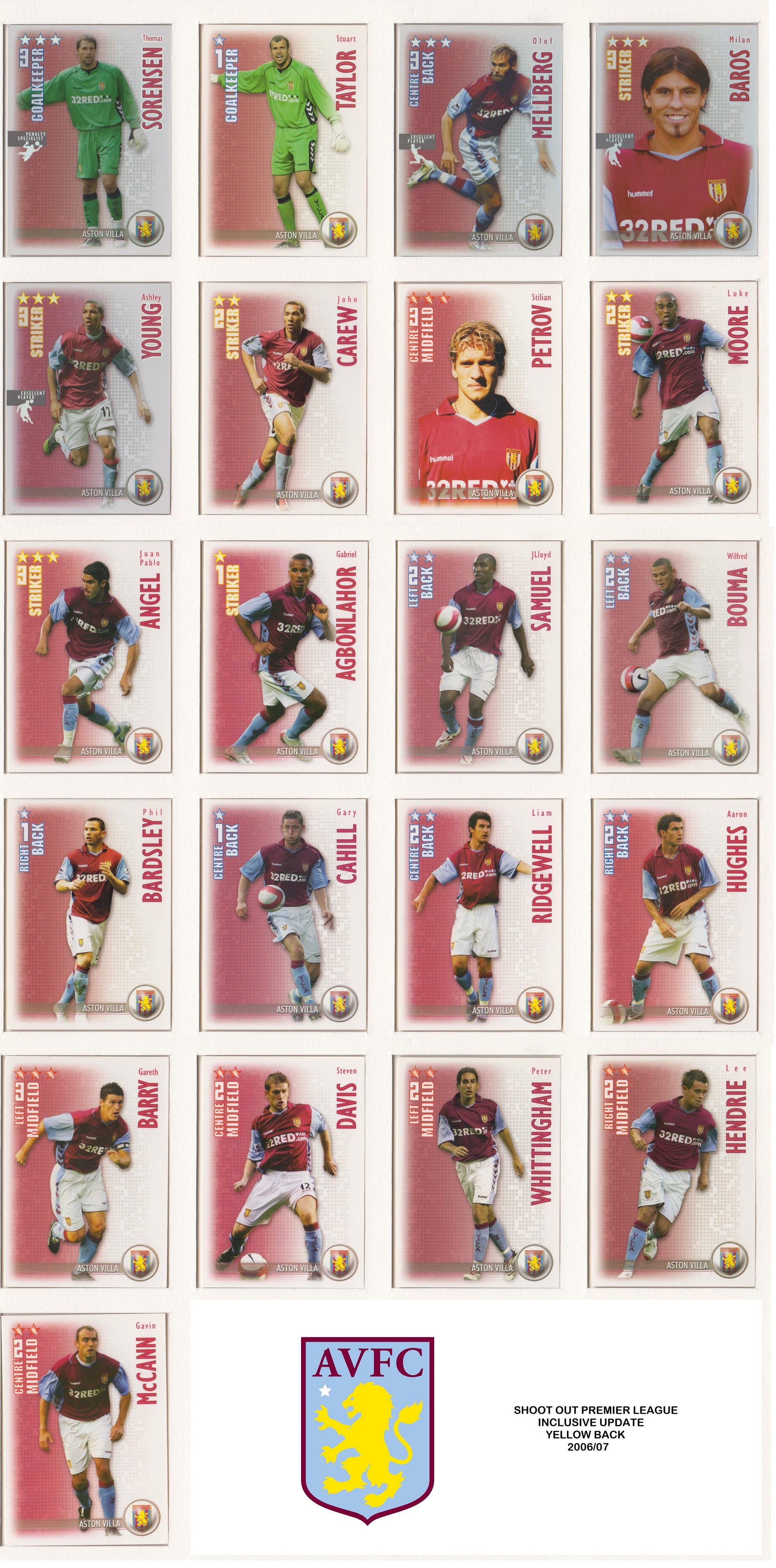 000. ASTON VILLA - KOMPLETT SETT MED SHOOT OUT PREMIER LEAGUE 2006/07 - INCL UPDATE