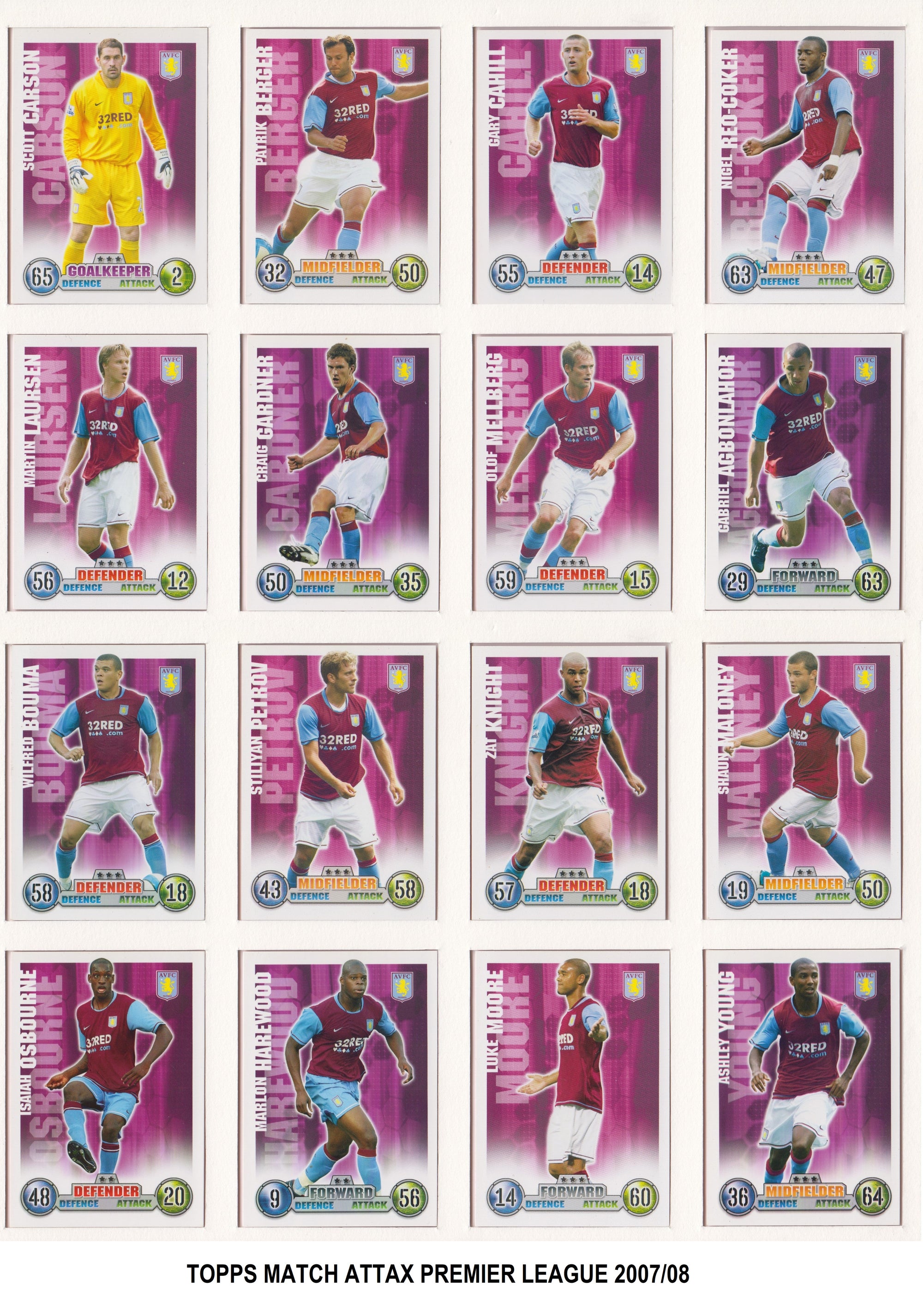 000. ASTON VILLA - KOMPLETT SETT MED FOTBALLKORT TOPPS MATCH ATTAX PREMIER LEAGUE 2007/08