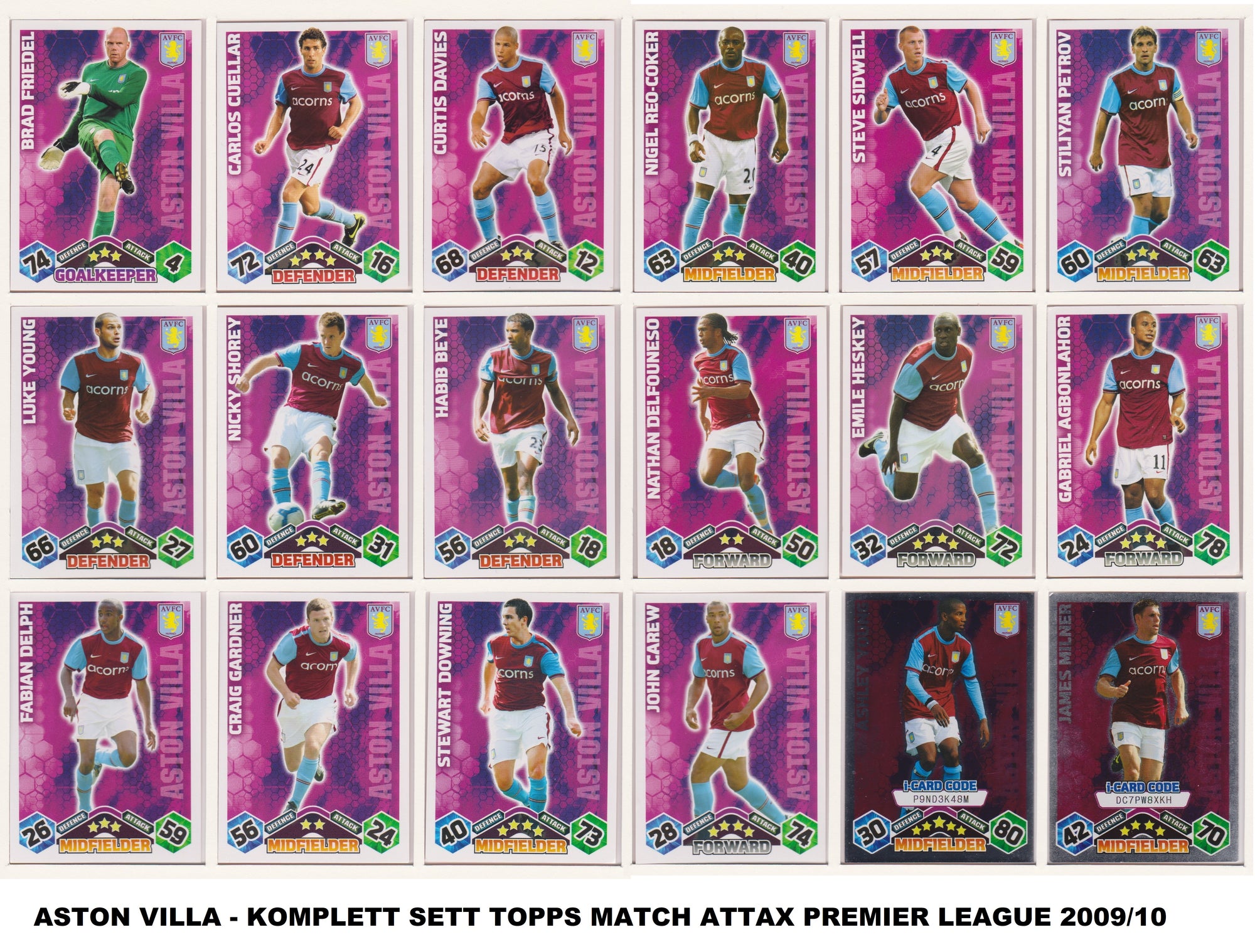 000. ASTON VILLA - KOMPLETT SETT MED TOPPS MATCH ATTAX PREMIER LEAGUE 2009/10