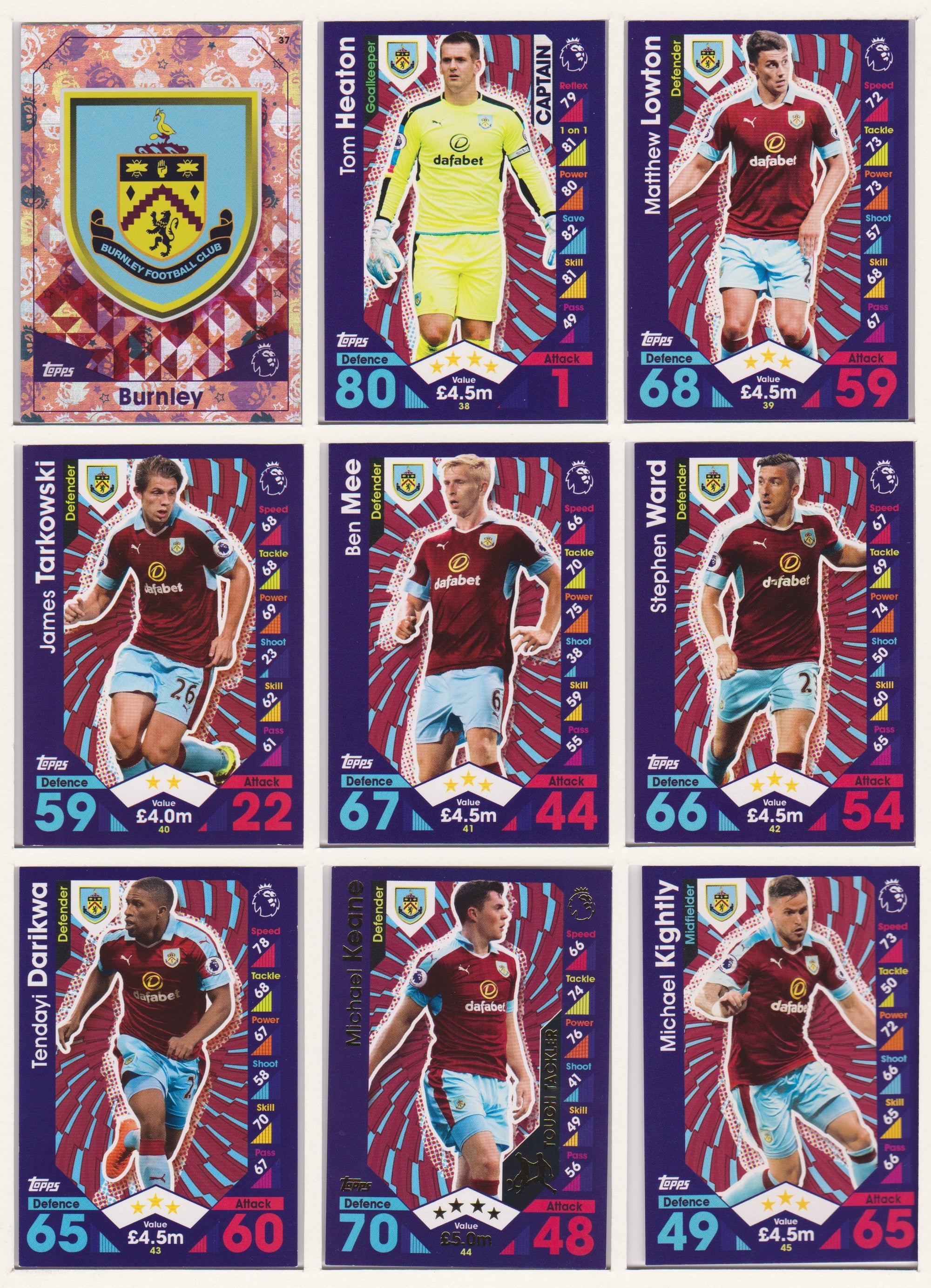 000. BURNLEY  - KOMPLETT SETT MED TOPPS MATCH ATTAX PREMIER LEAGUE 2016/17