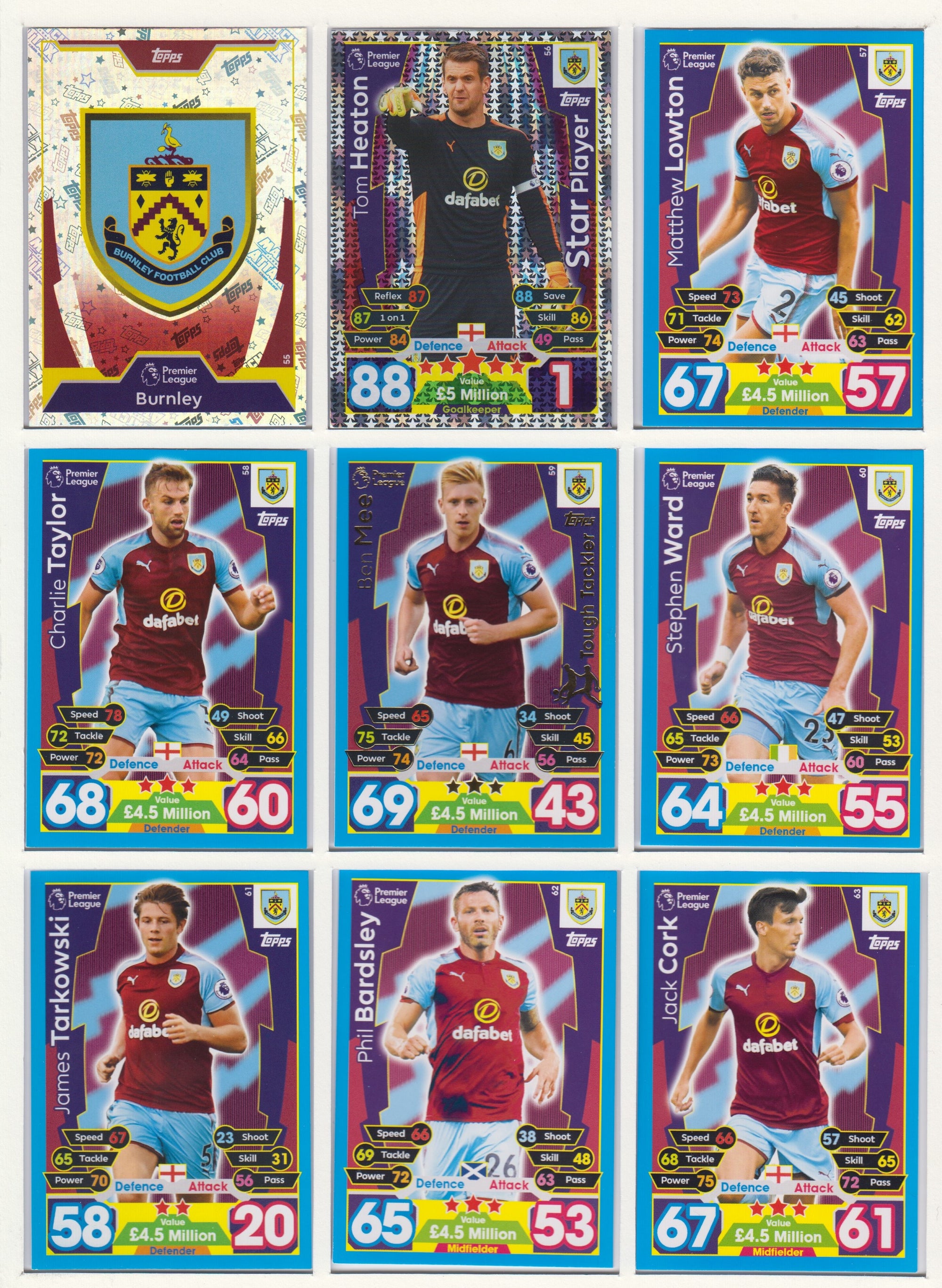 000. BURNLEY - KOMPLETT SETT MED TOPPS MATCH ATTAX PREMIER LEAGUE 2017/18